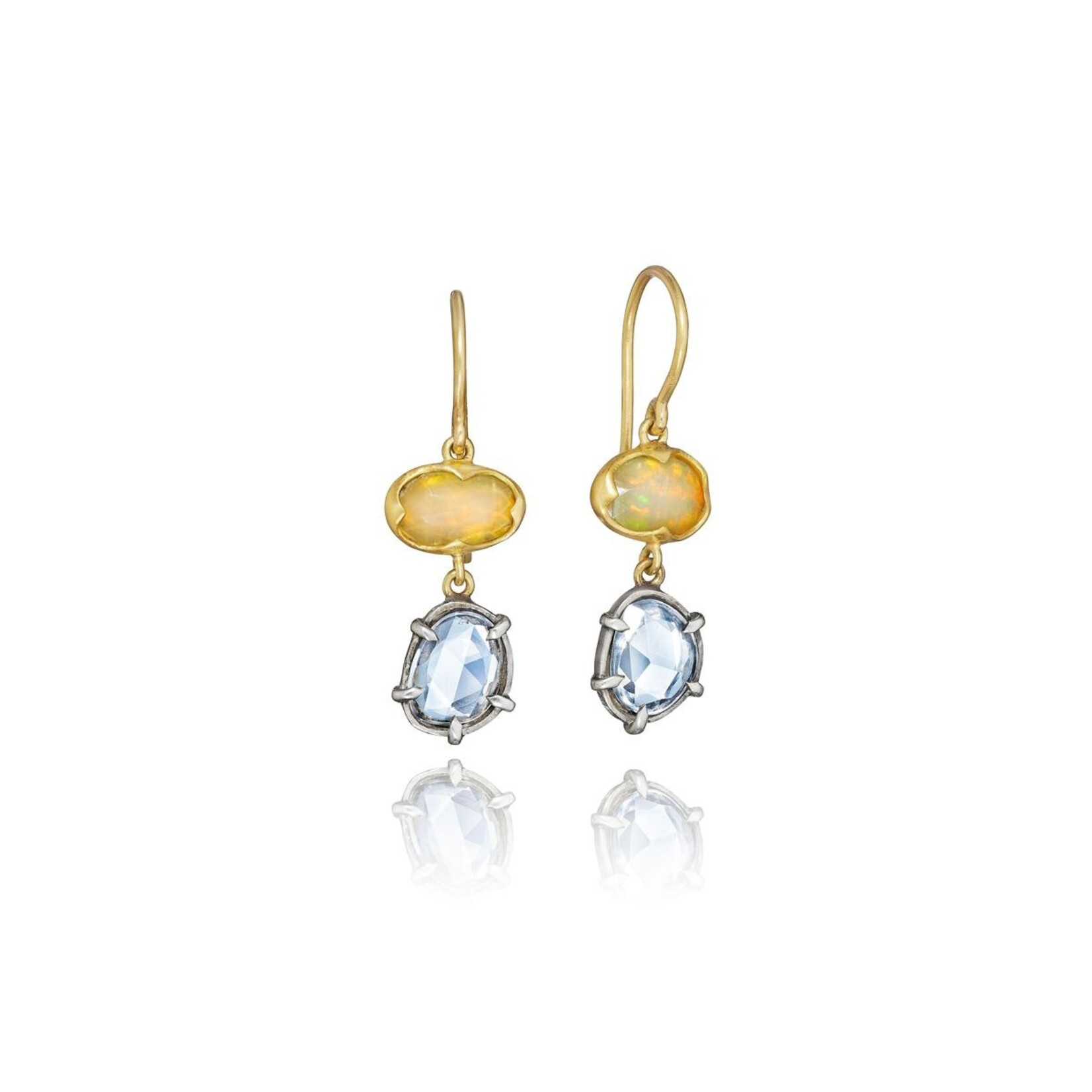Annie Fensterstock 18k Yellow Gold, Opal, and Sapphire Drop Earrings