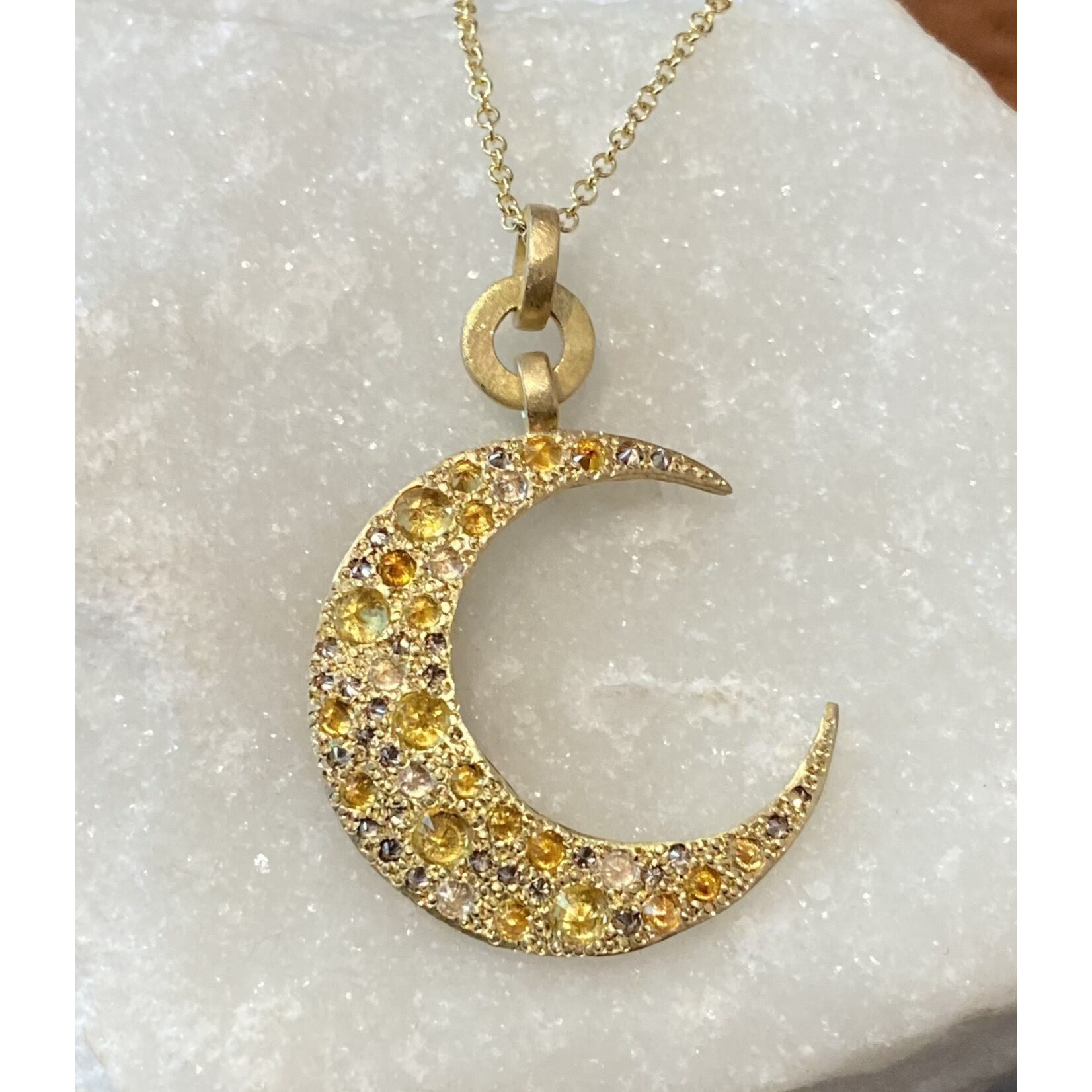 Annie Fensterstock 18K YG Crescent Moon Necklace w/Sapphires 1.98ct & Diamonds