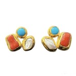 ARA Collection 24k Gold 3 Stone Pearl, Turquoise, & Coral Earrings