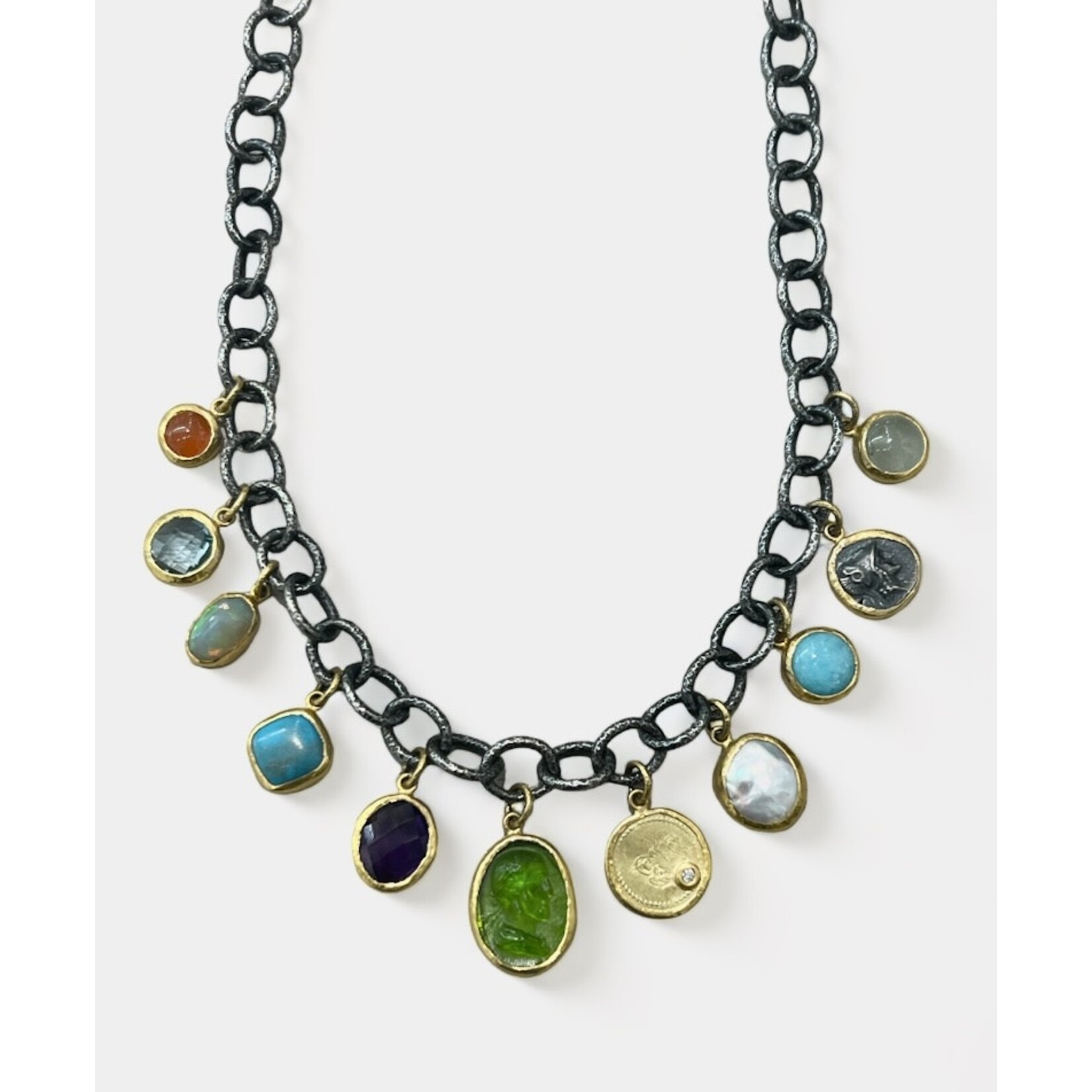 ARA Collection 24k and Multi-Charm Oxidized Silver Large Link Necklace