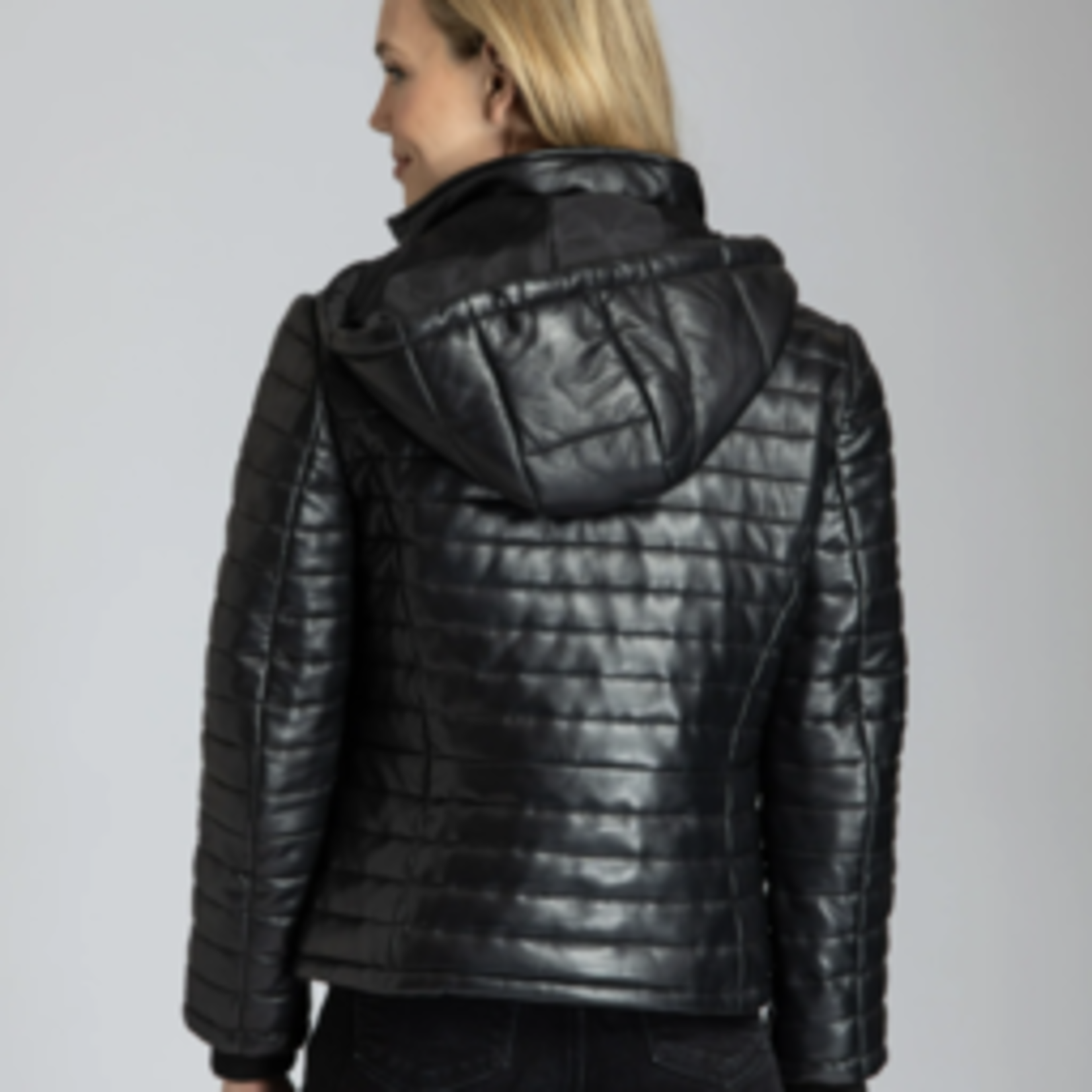 Leather Puffer Jacket w/ detachable hood