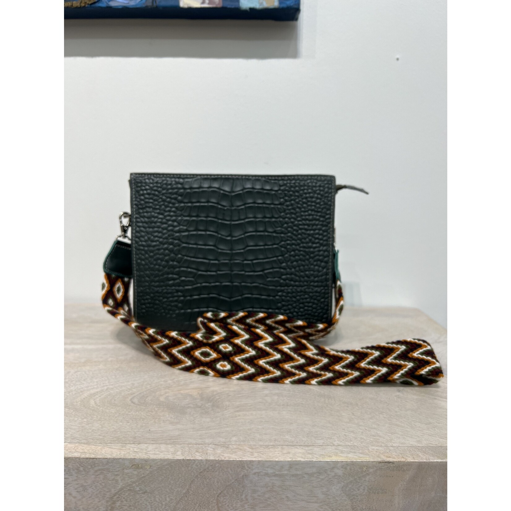 Green Embossed Leather Bag w/ Chevron Straps