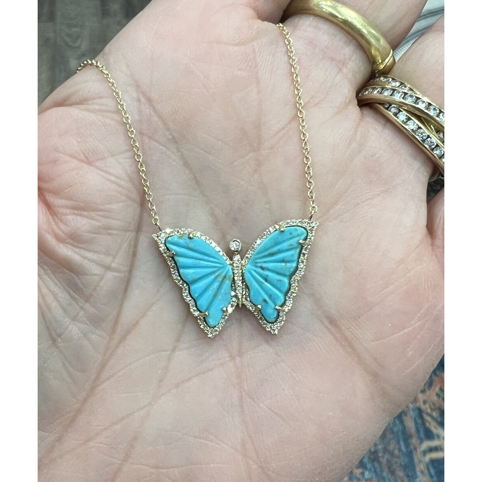 Andi Alyse 14k Carved Turquoise and Diamond Butterfly Necklace