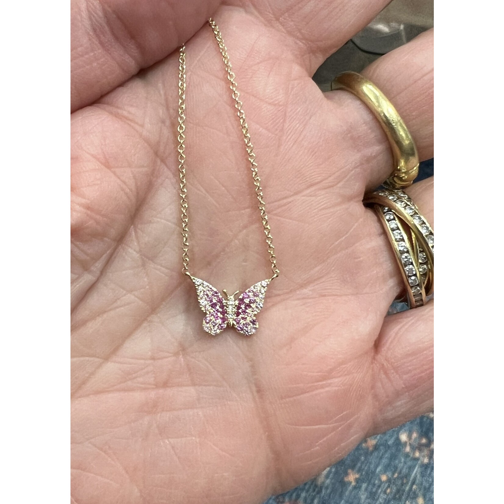 Andi Alyse Ombre Pink Sapphire and Diamond 14k Yellow Gold Butterfly Necklace