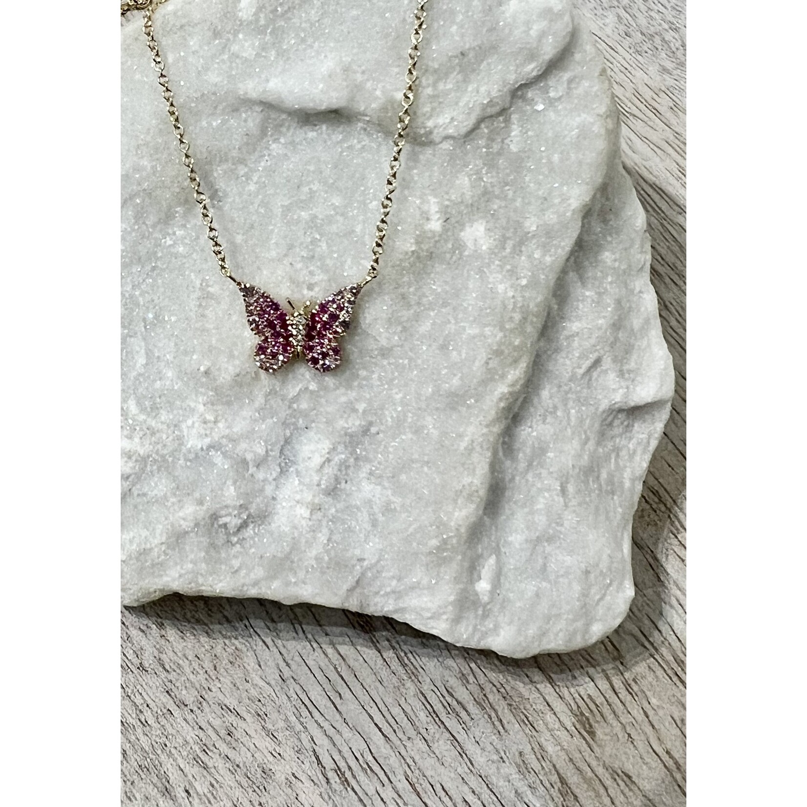 Andi Alyse Ombre Pink Sapphire and Diamond 14k Yellow Gold Butterfly Necklace