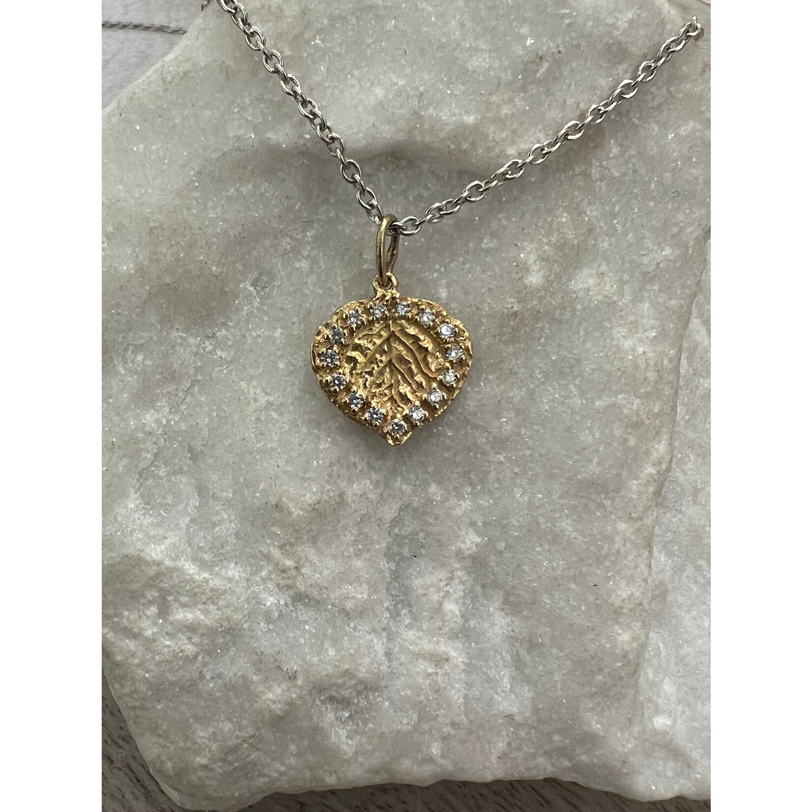 Ross Andrews 18k and Diamond Halo Large Aspen Leaf Pendant 15mm, (.30ct)