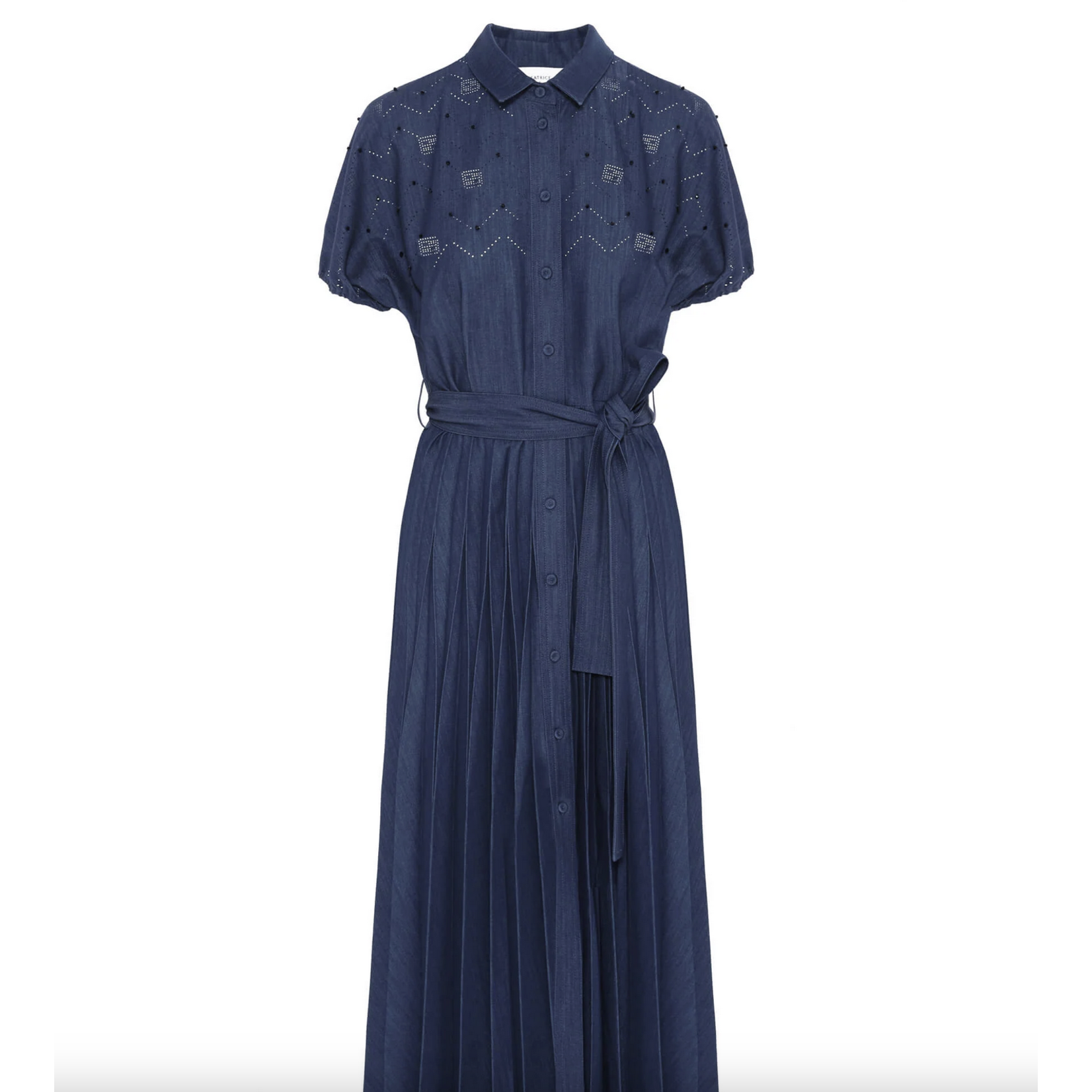 Beatrice Pleated and Hand-Embroidered Denim Dress