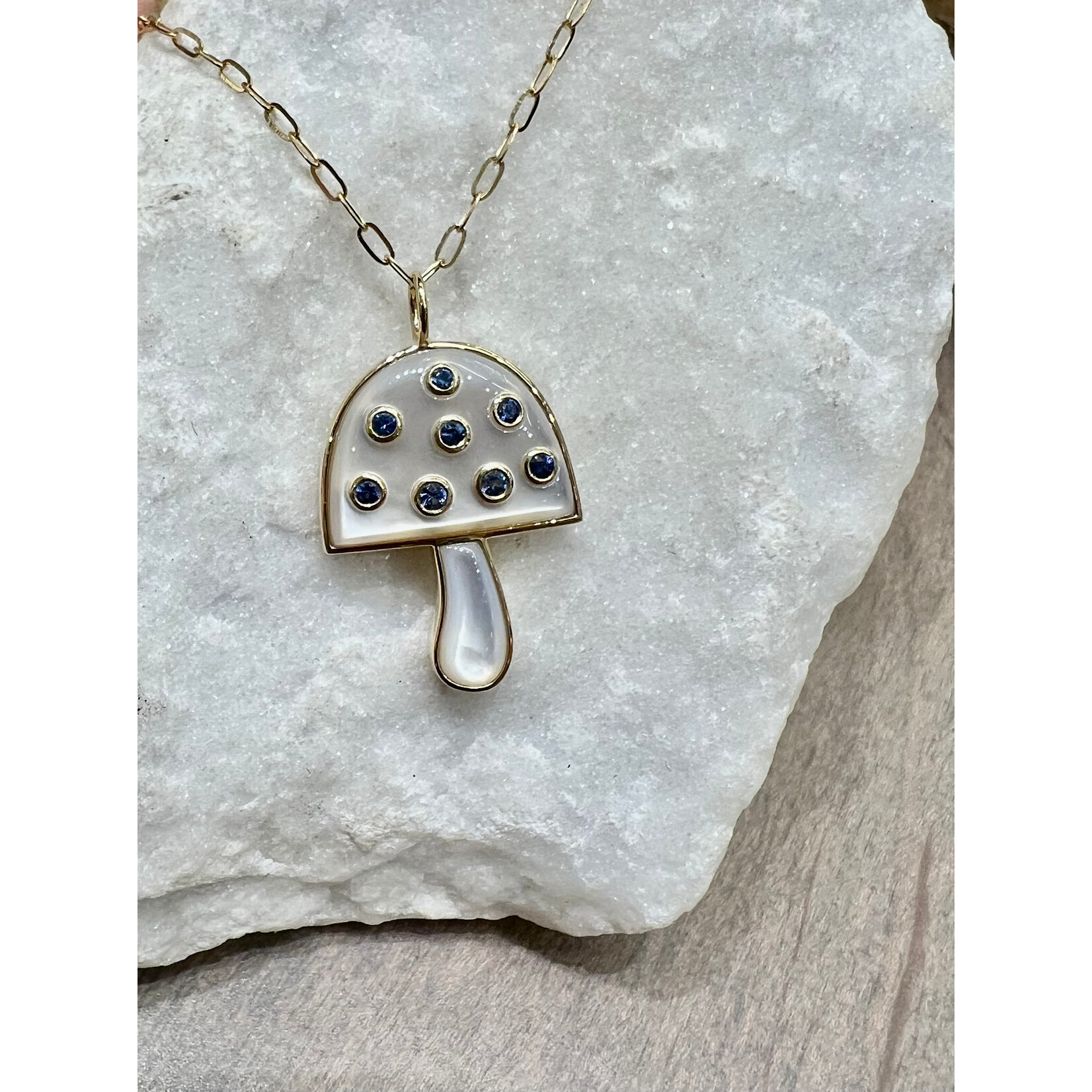 Andi Alyse Mother of Pearl and Blue Sapphire Mushroom Pendant Necklace, 14k Yellow Gold
