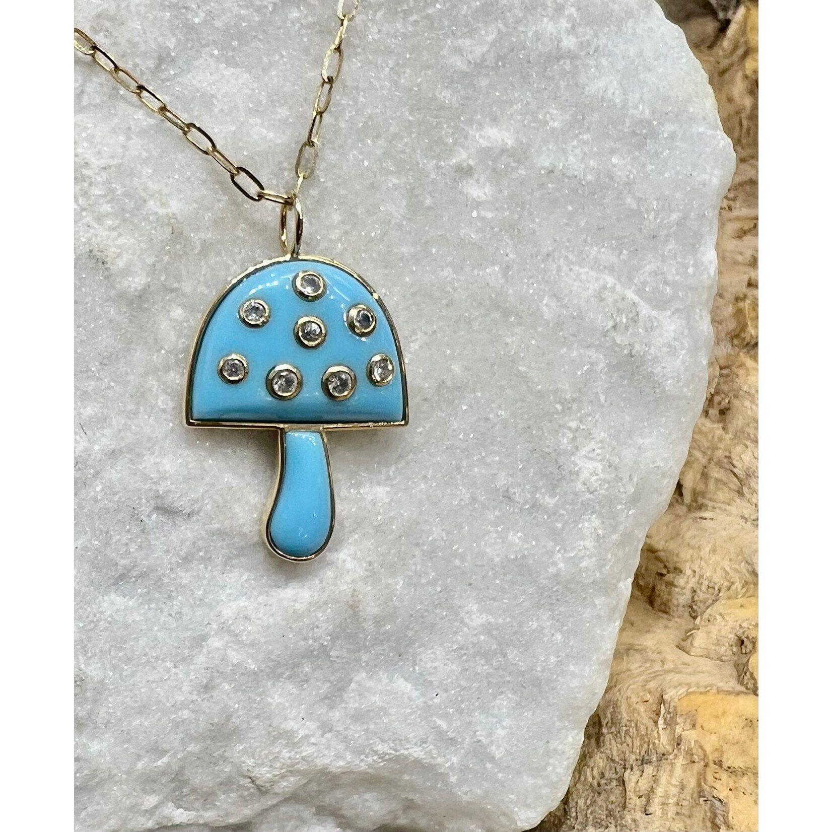 Andi Alyse Turquoise and White Sapphire Mushroom , 14k Yellow Gold