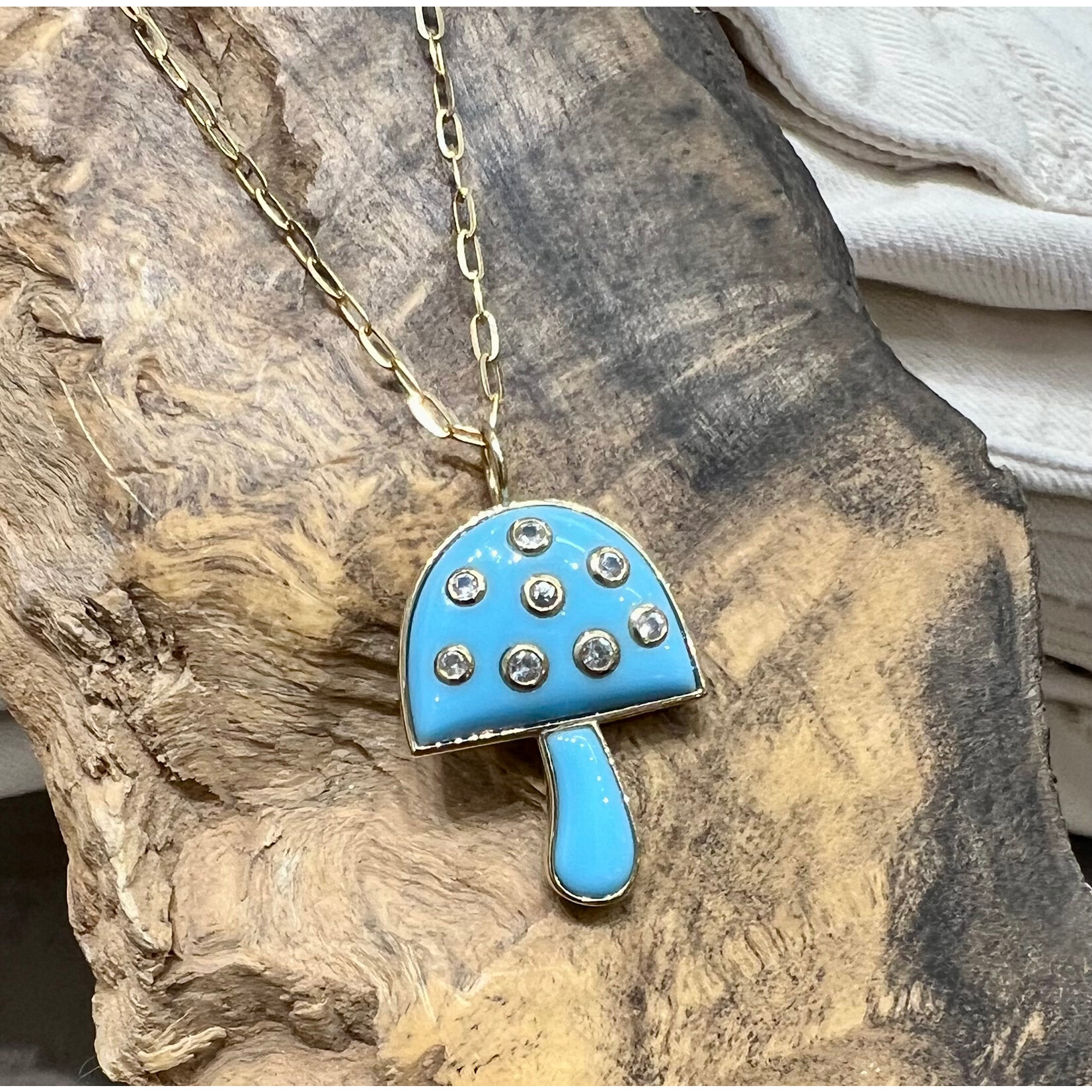 Andi Alyse Turquoise and White Sapphire Mushroom , 14k Yellow Gold