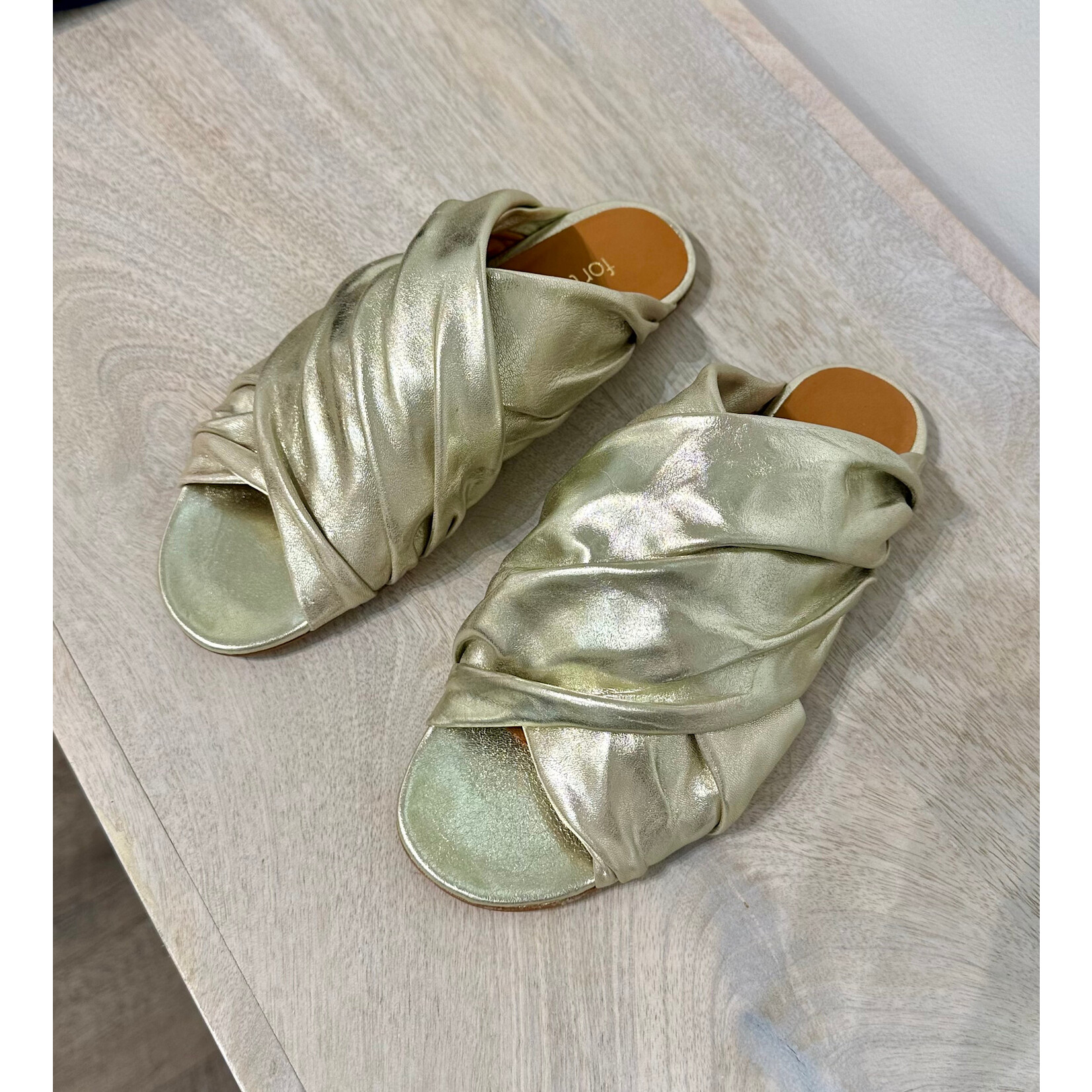 Forte Forte Flat Laminated Leather Crossed Sandals