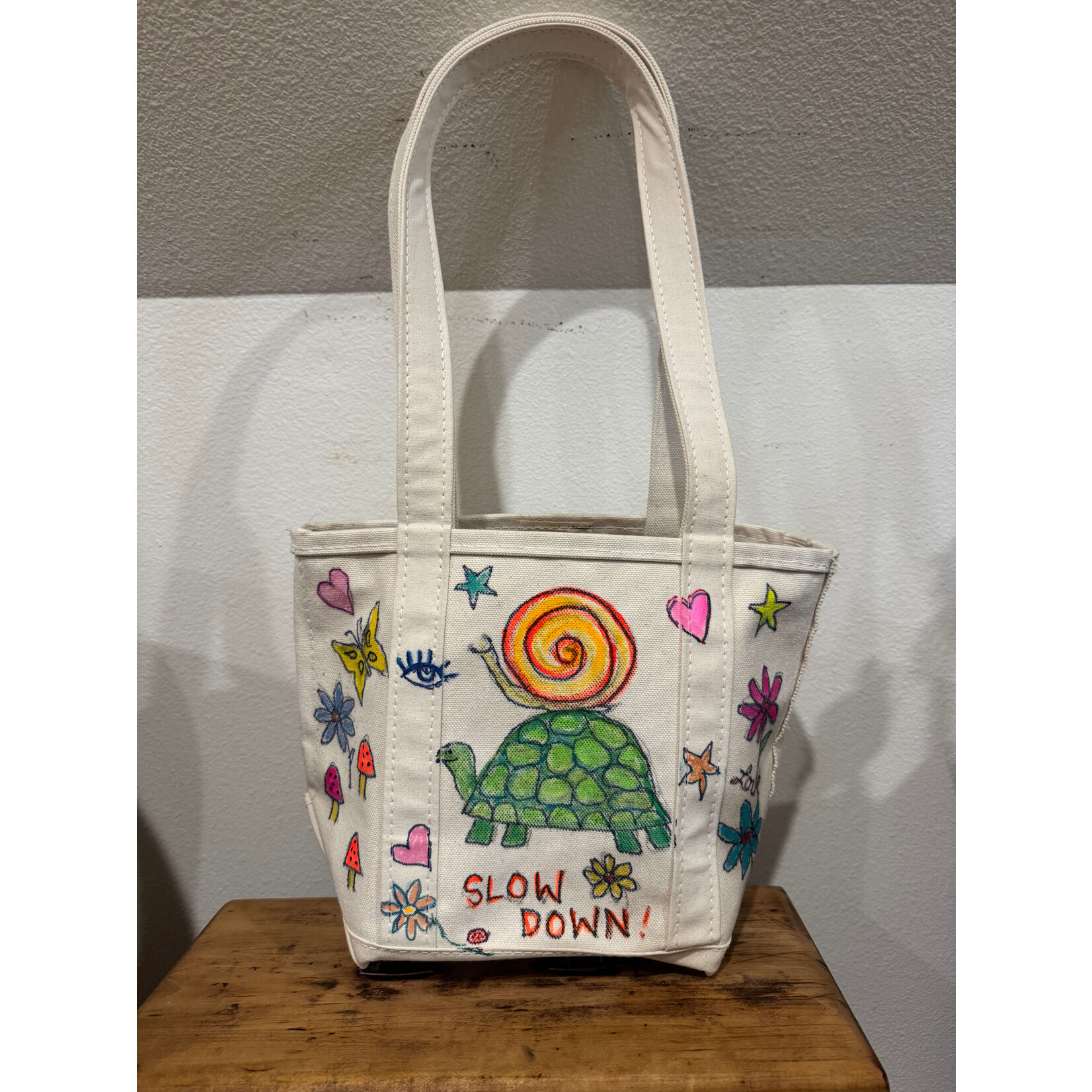 Kim Wyly Hand Painted Small Tote w/ Long Handles - Owl & Turtle