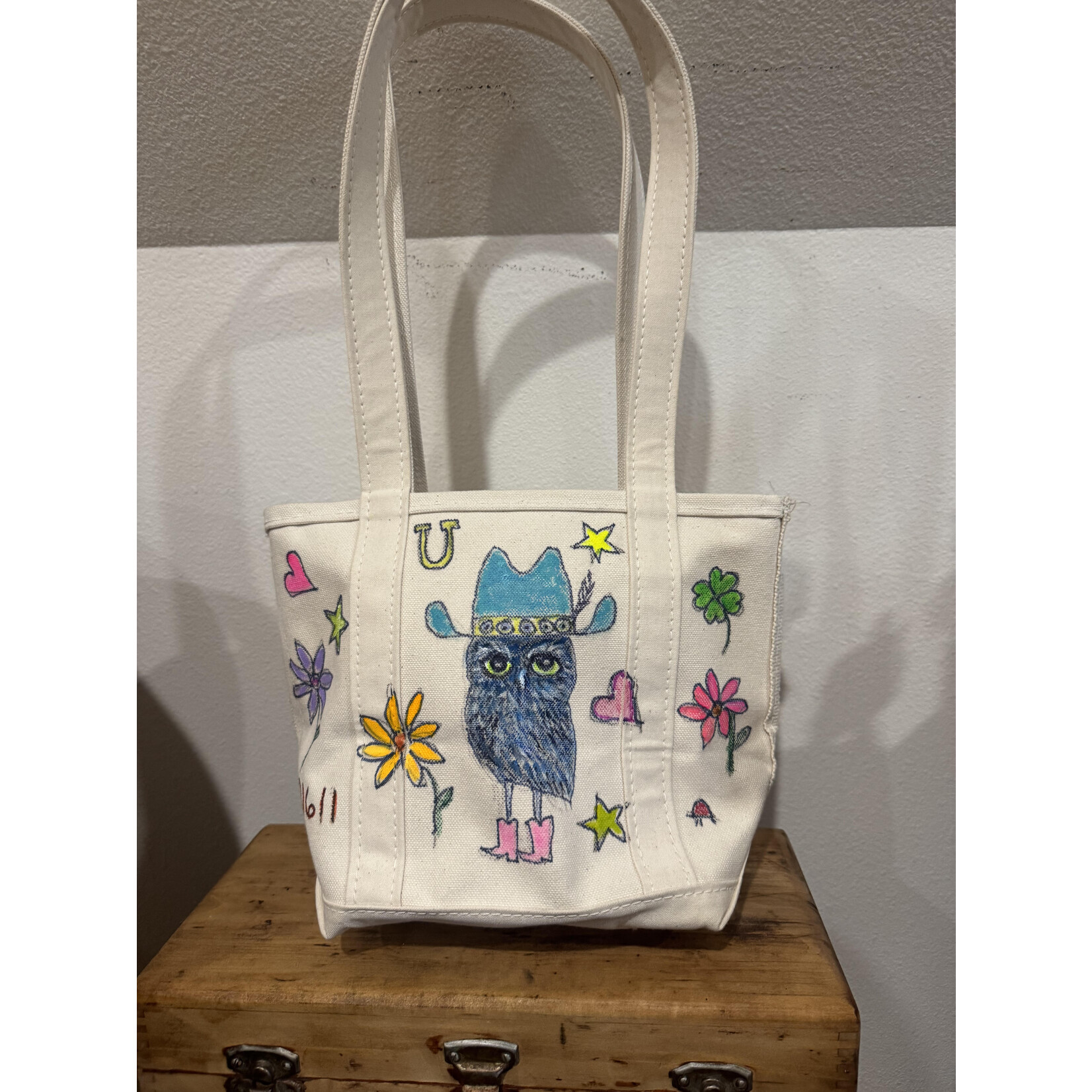 Kim Wyly Hand Painted Small Tote w/ Long Handles - Owl & Turtle
