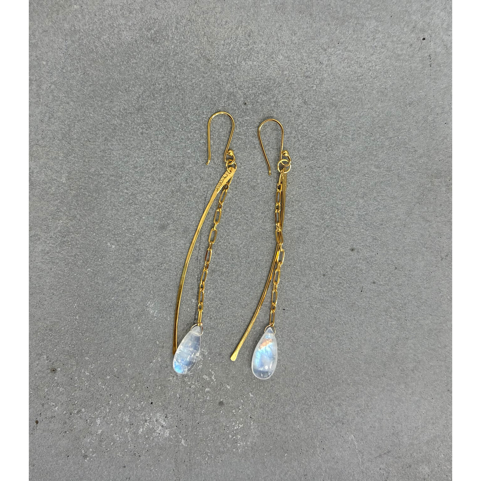 DeNev 18k Yellow Gold Vermeil Live Wire, Chain & Rainbow Moonstone Drop Earrings
