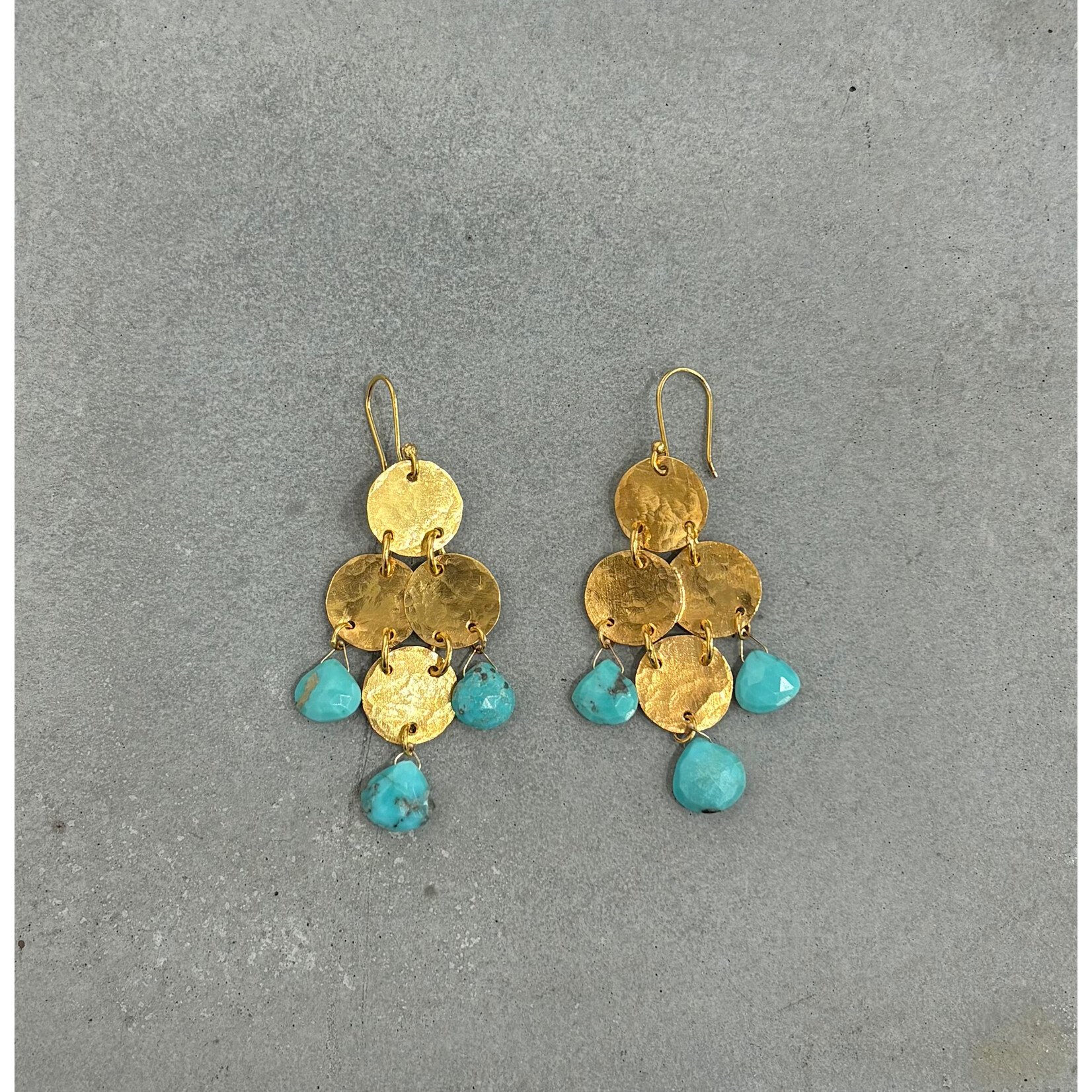 DeNev 18k Yellow Gold Vermeil 4 Coin Chandelier Earrings w/ Turquoise Drops