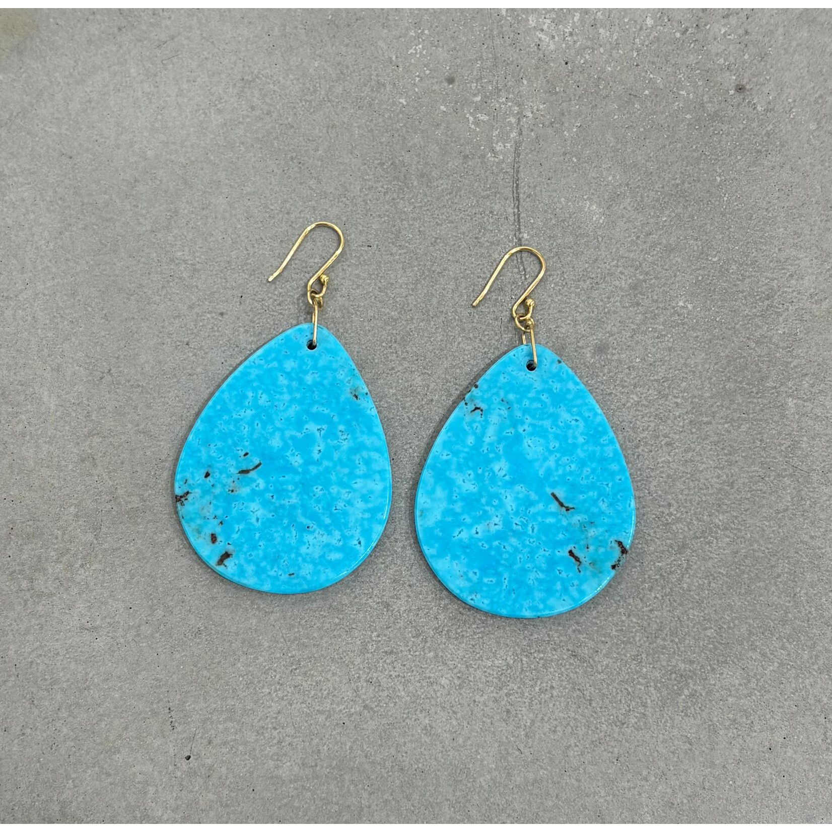 DeNev Giant Rounded Droplet Nacozari Turquoise Slab Earrings on 18k Gold Hardware