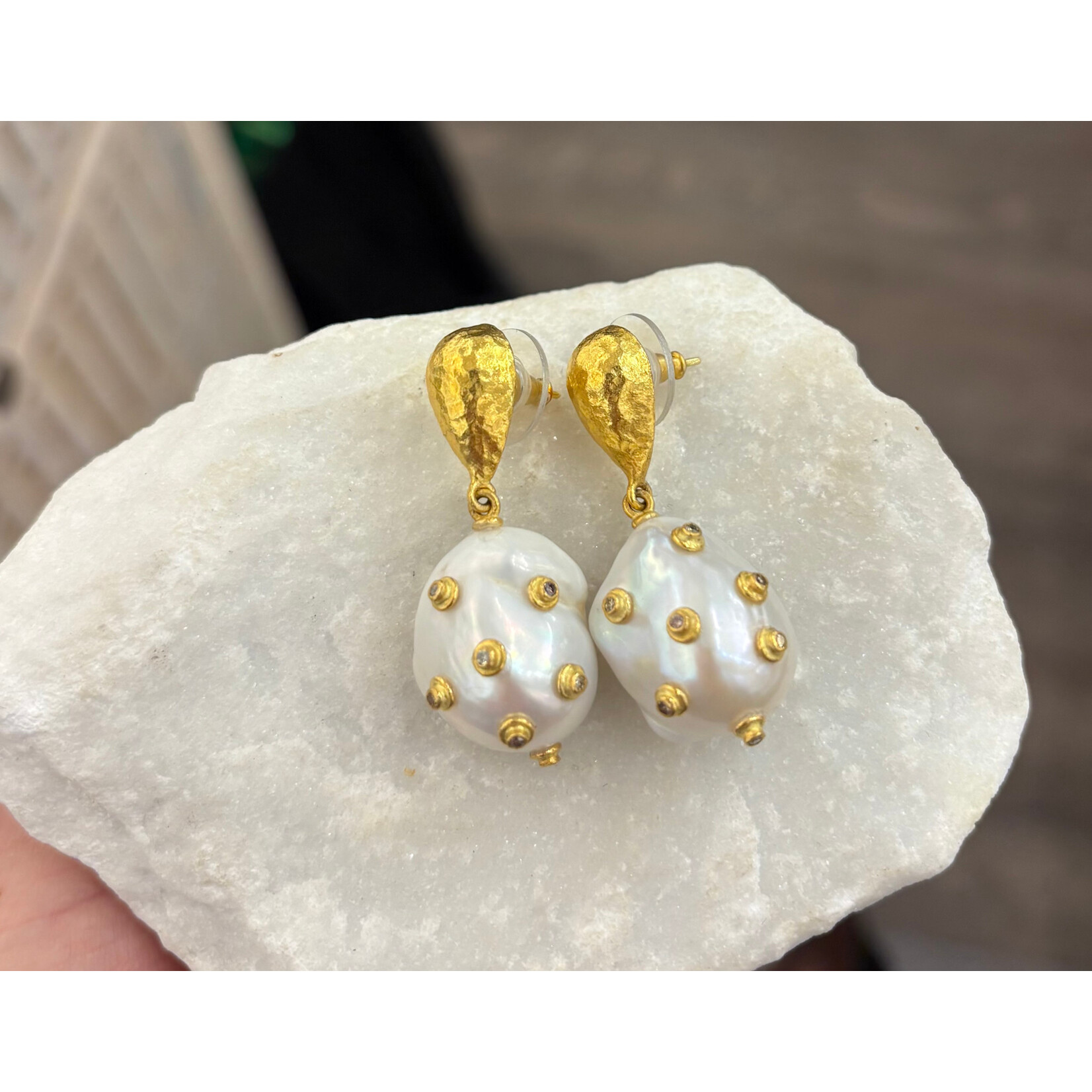 ARA Collection Pearl with Bezel Set Diamonds on 24k Gold Drop Studs