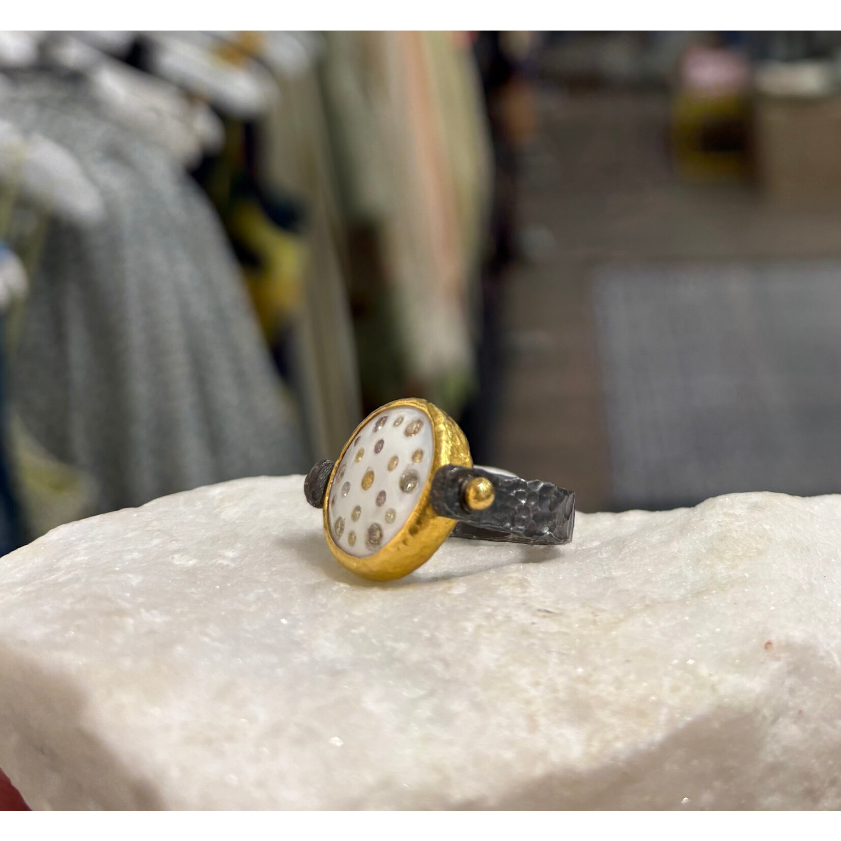 ARA Collection Pearl Disc w/ Scattered Diamond Flip Ring in 24k Gold and Oxidized Silver