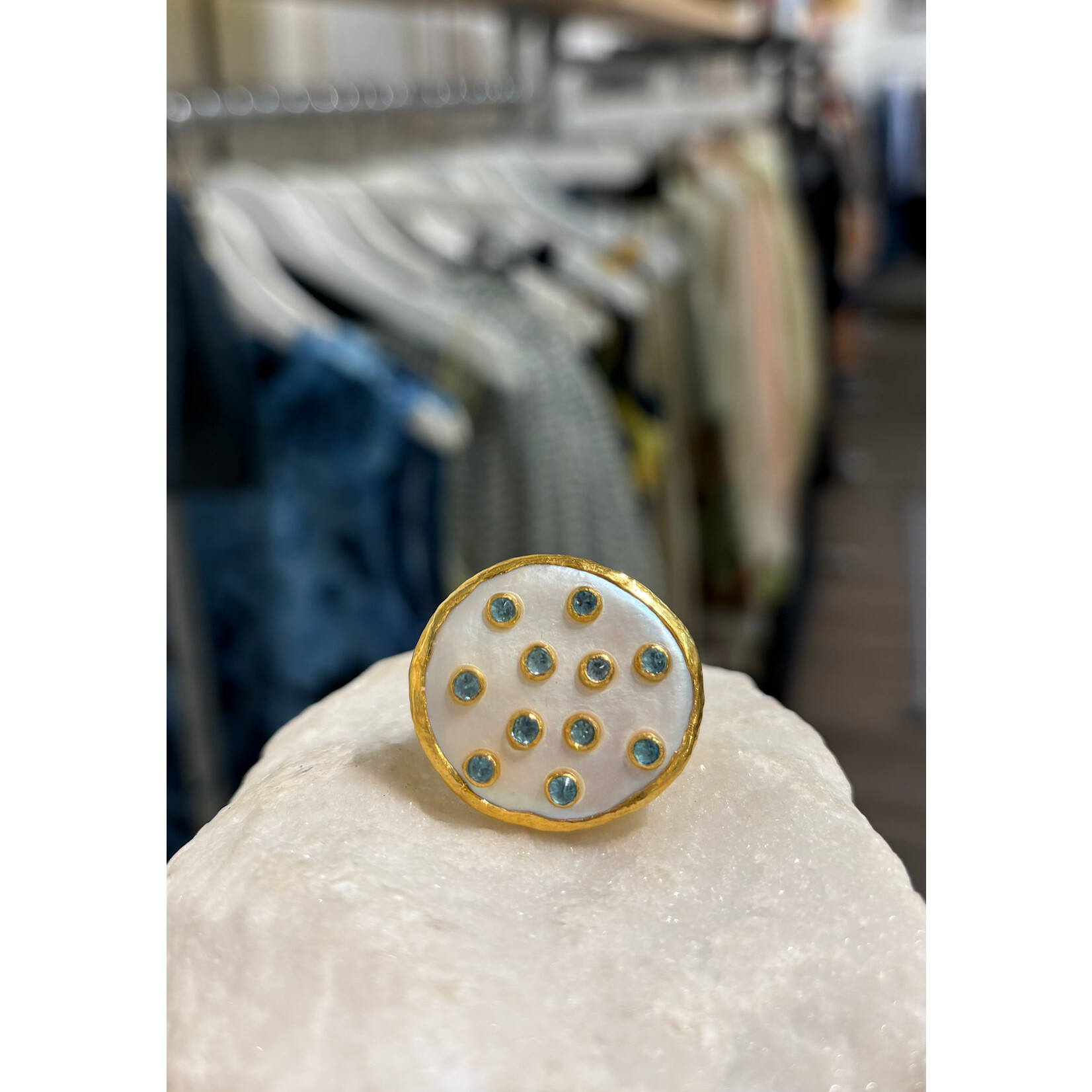 ARA Collection Large Freshwater Pearl w/ Blue Topaz Ring in 24k Gold