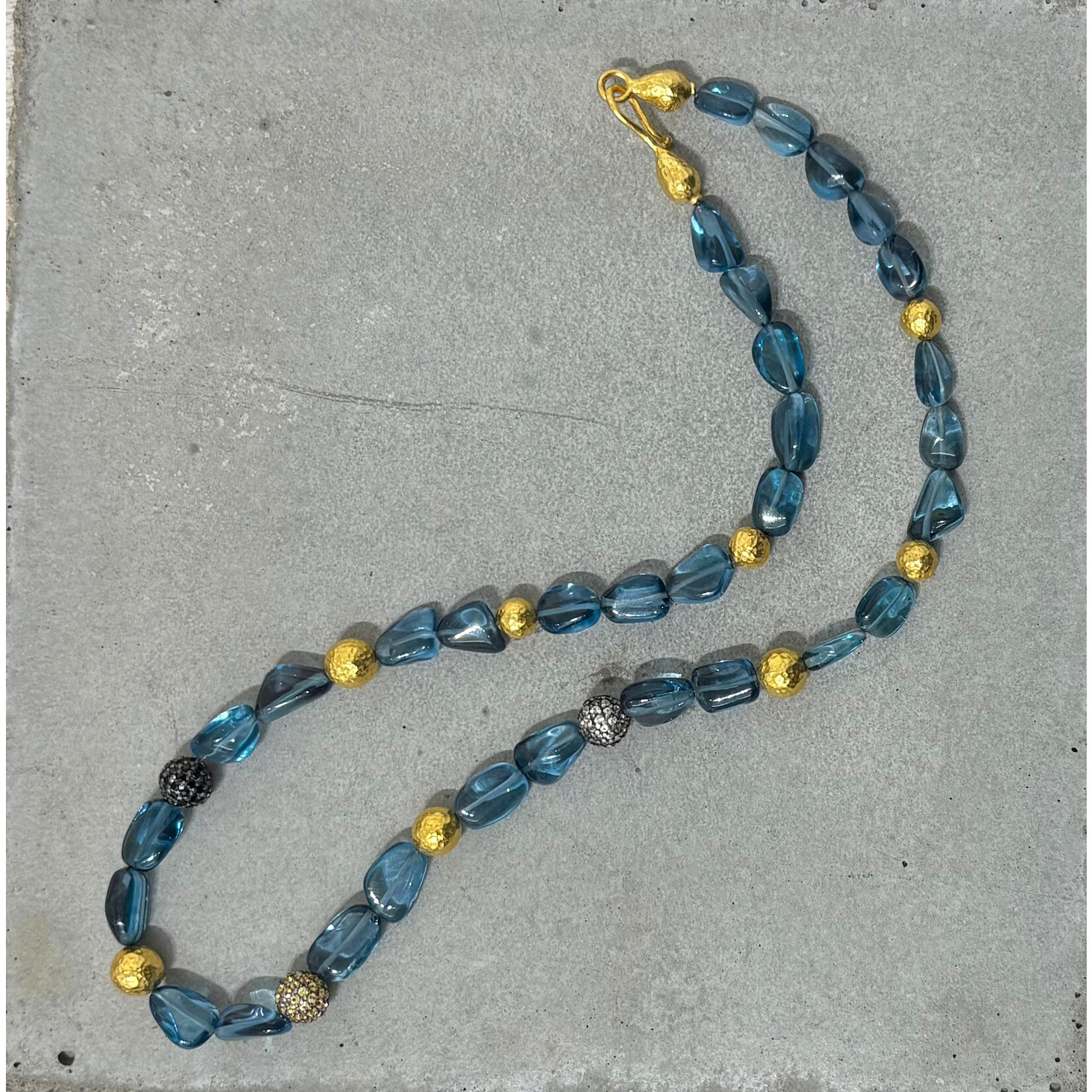 ARA Collection Tumbled London Blue Topaz, 24k Gold & Pave Ball Necklace