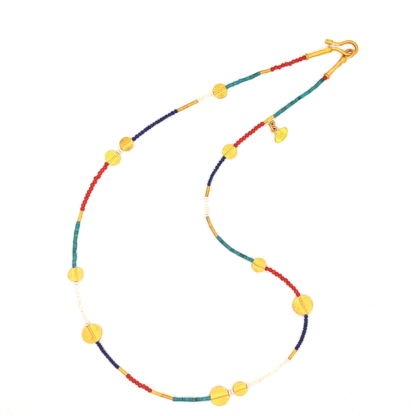 ARA Collection Lapis, Turquoise, Coral, Pearl & 24k Gold Hammered Disc Necklace