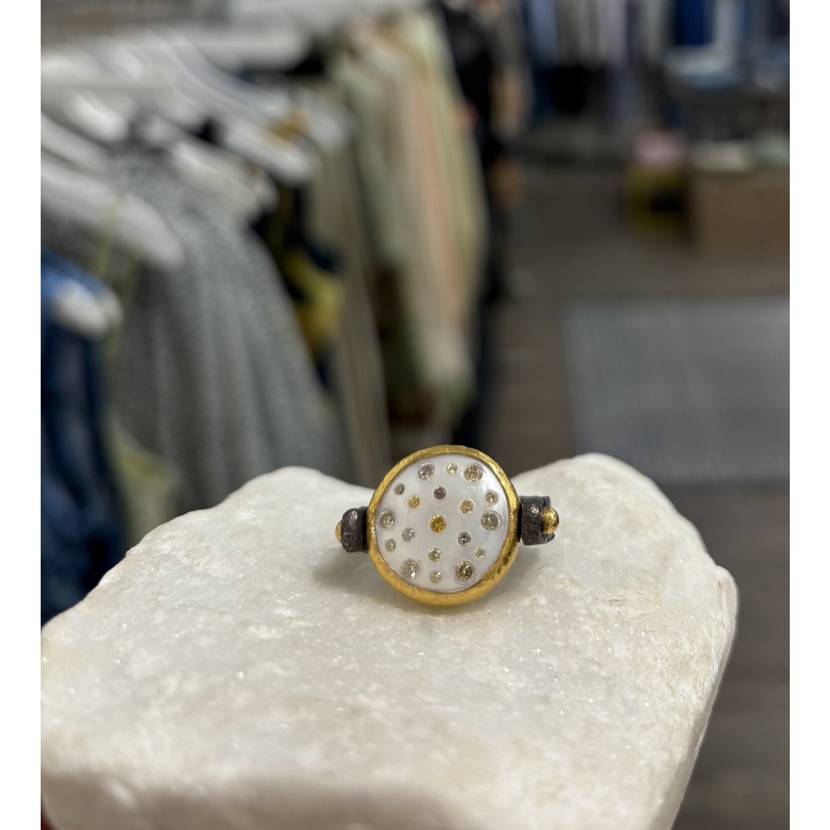 ARA Collection Pearl Disc w/ Scattered Diamond Flip Ring in 24k Gold and Oxidized Silver