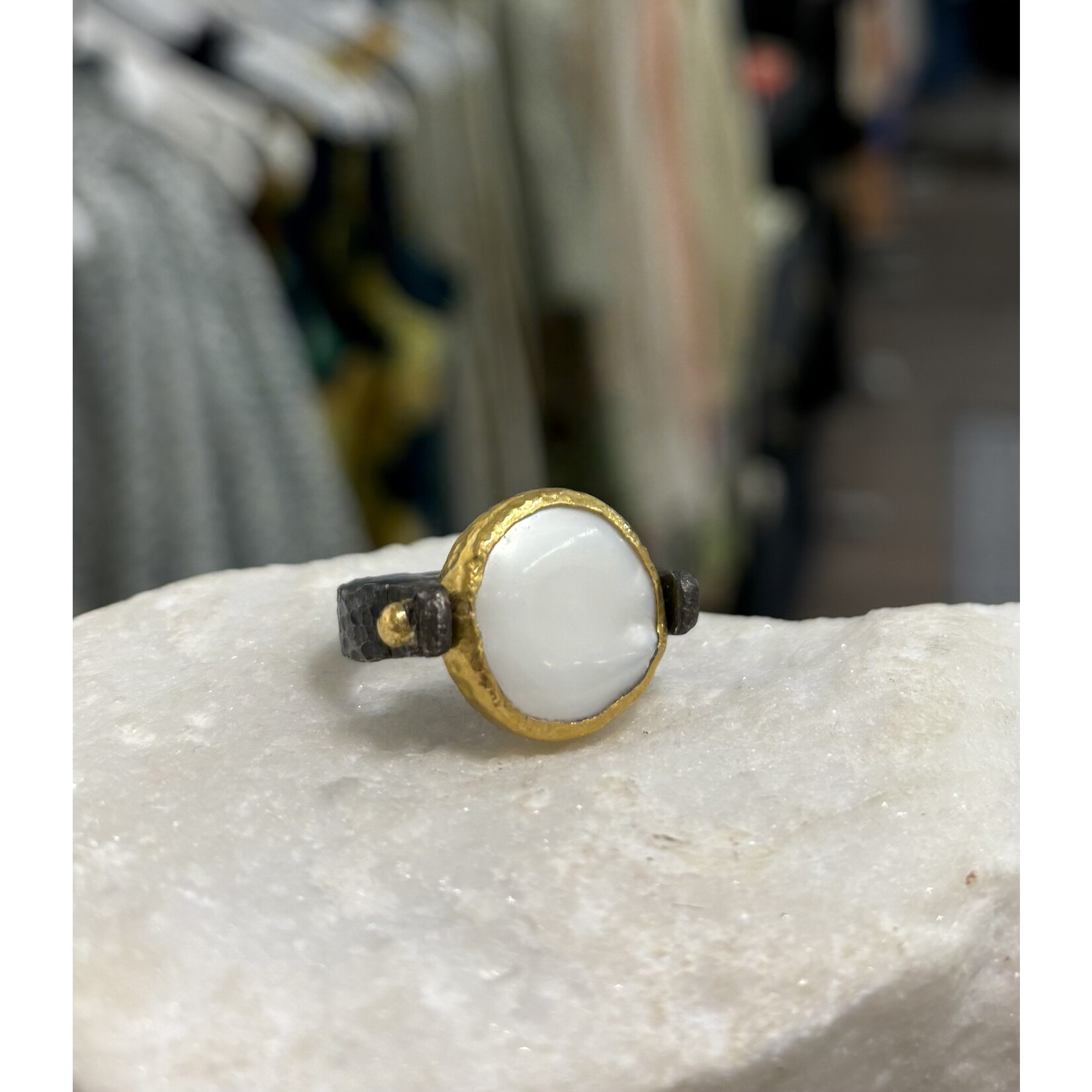 ARA Collection Pearl Disc w/ Scattered Diamond Flip Ring in 24k Gold and Oxidized Silver
