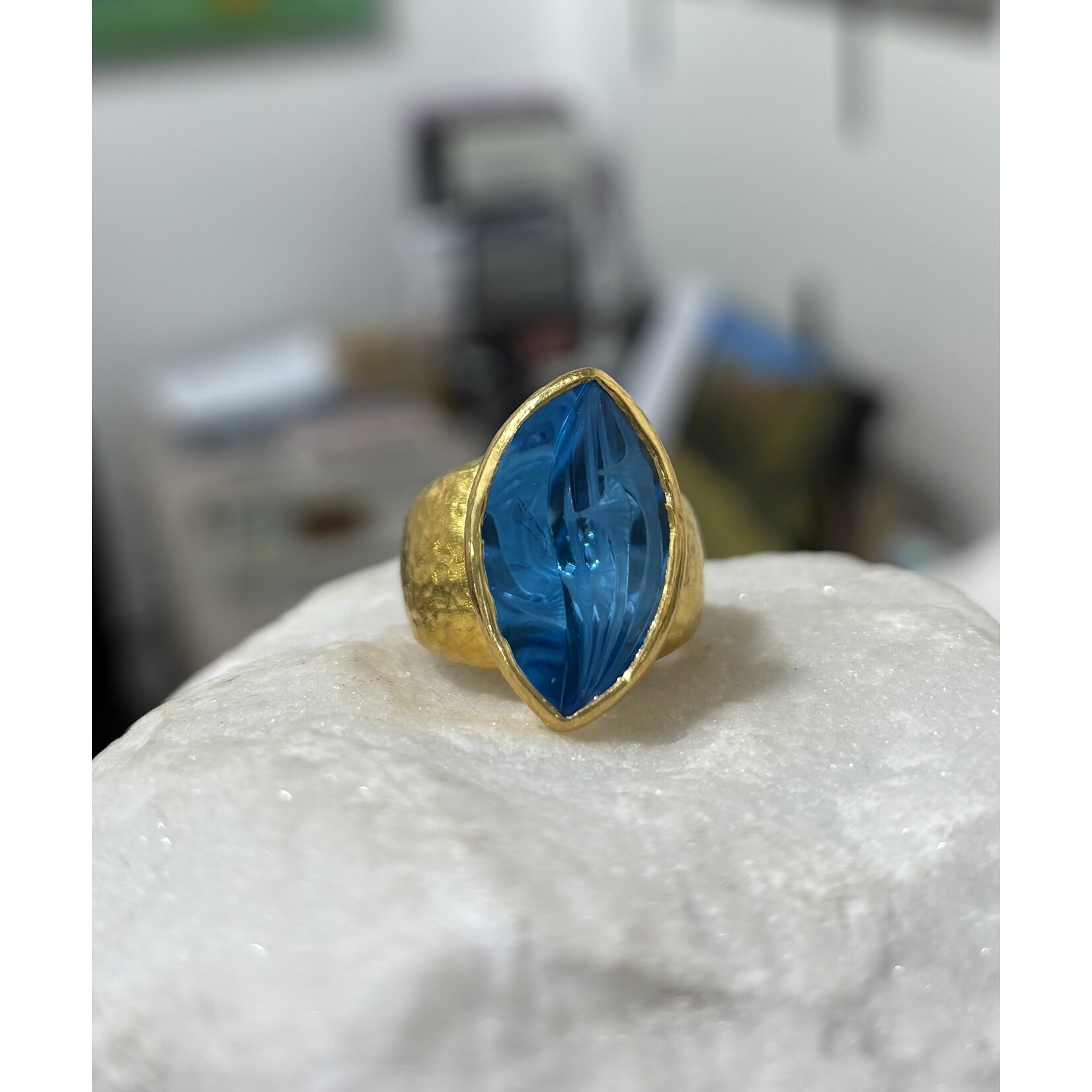 ARA Collection Marquise Shaped Fashion Cut Swiss Blue Topaz Ring in 24k Gold