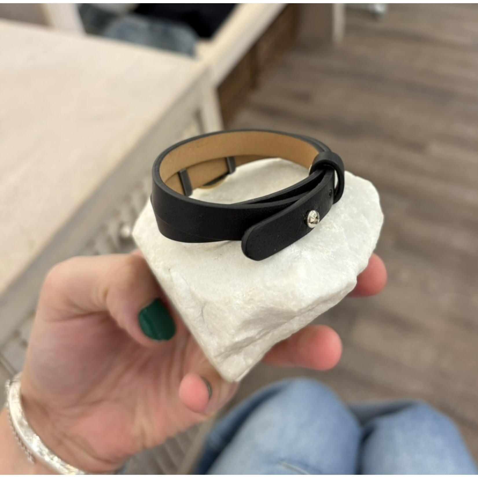 ARA Collection Black Leather, 24k Gold White Topaz Fish Bracelet