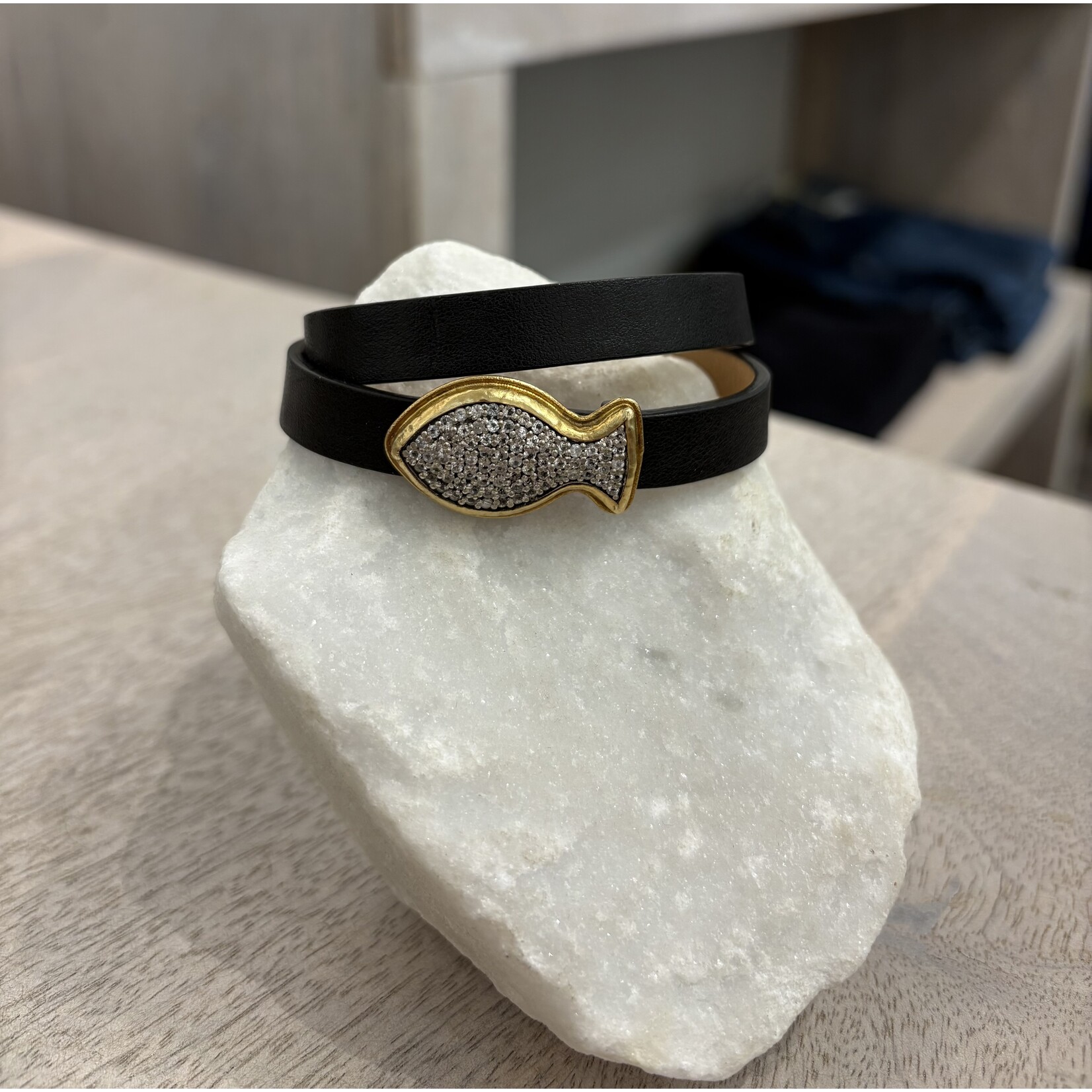 ARA Collection Black Leather, 24k Gold White Topaz Fish Bracelet
