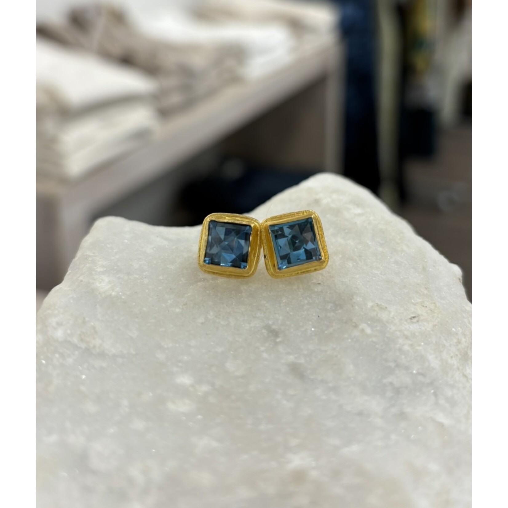 ARA Collection 24k Gold & Emerald Cut Blue Topaz Square Studs