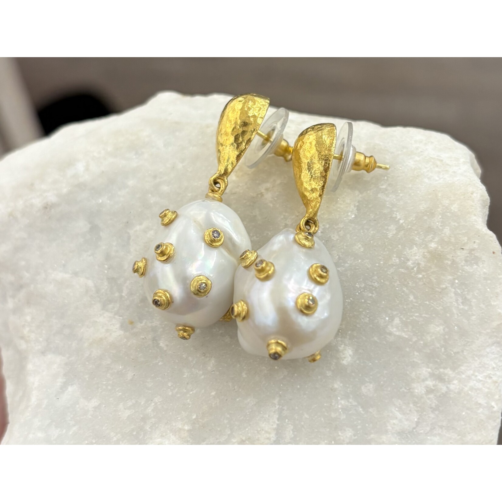 ARA Collection Pearl with Bezel Set Diamonds on 24k Gold Drop Studs