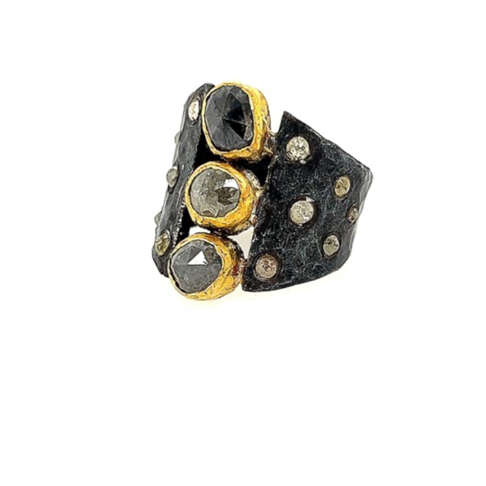 ARA Collection 3 Rose Cut Natural Diamond & Scattered Diamond Ring in Oxidized Silver and 24k Gold