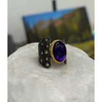 ARA Collection Cab Amethyst & Scattered Diamond Ring in Oxidized Silver and 24k Gold