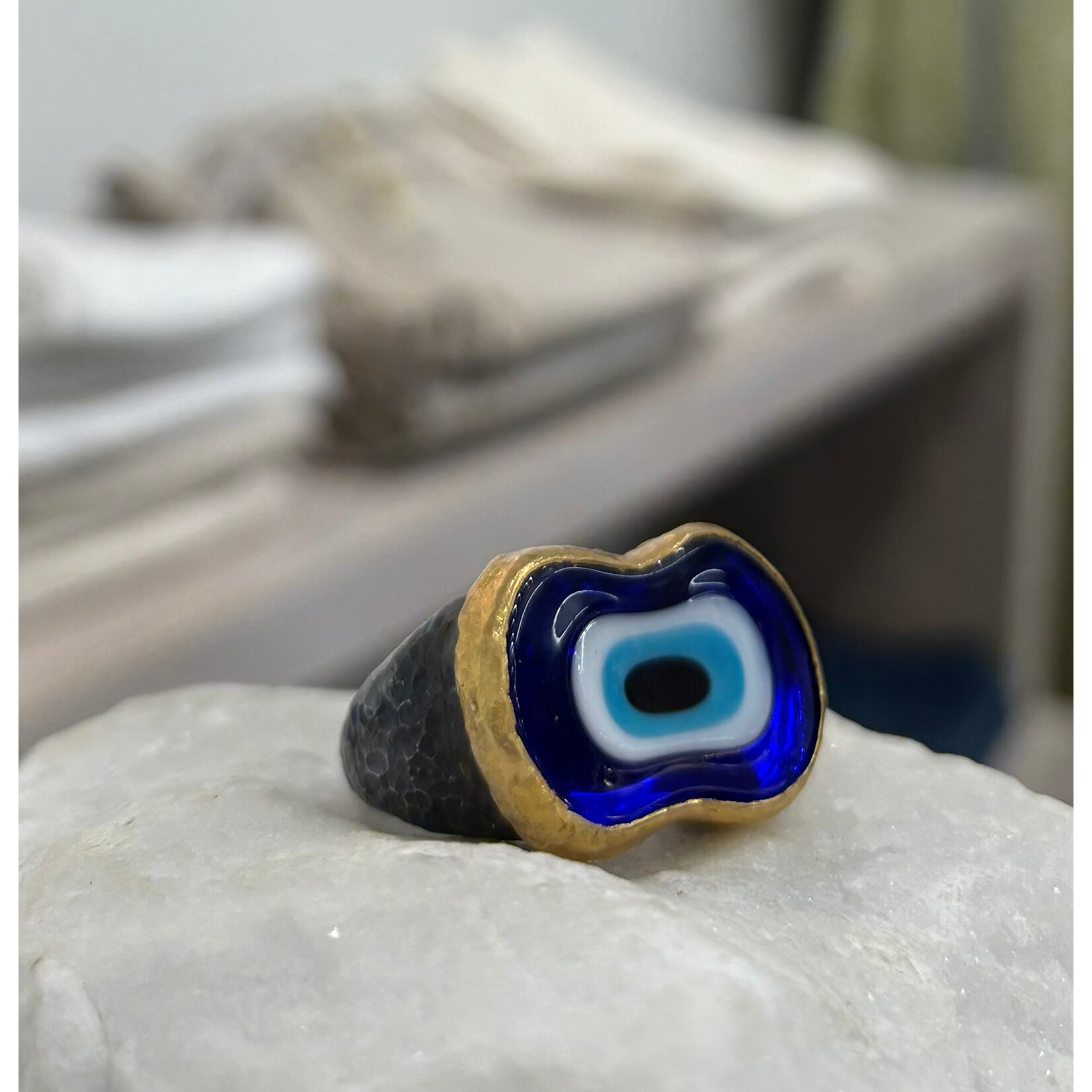 ARA Collection 24k Gold & Oxidized Silver Dark Blue Evil Eye Ring