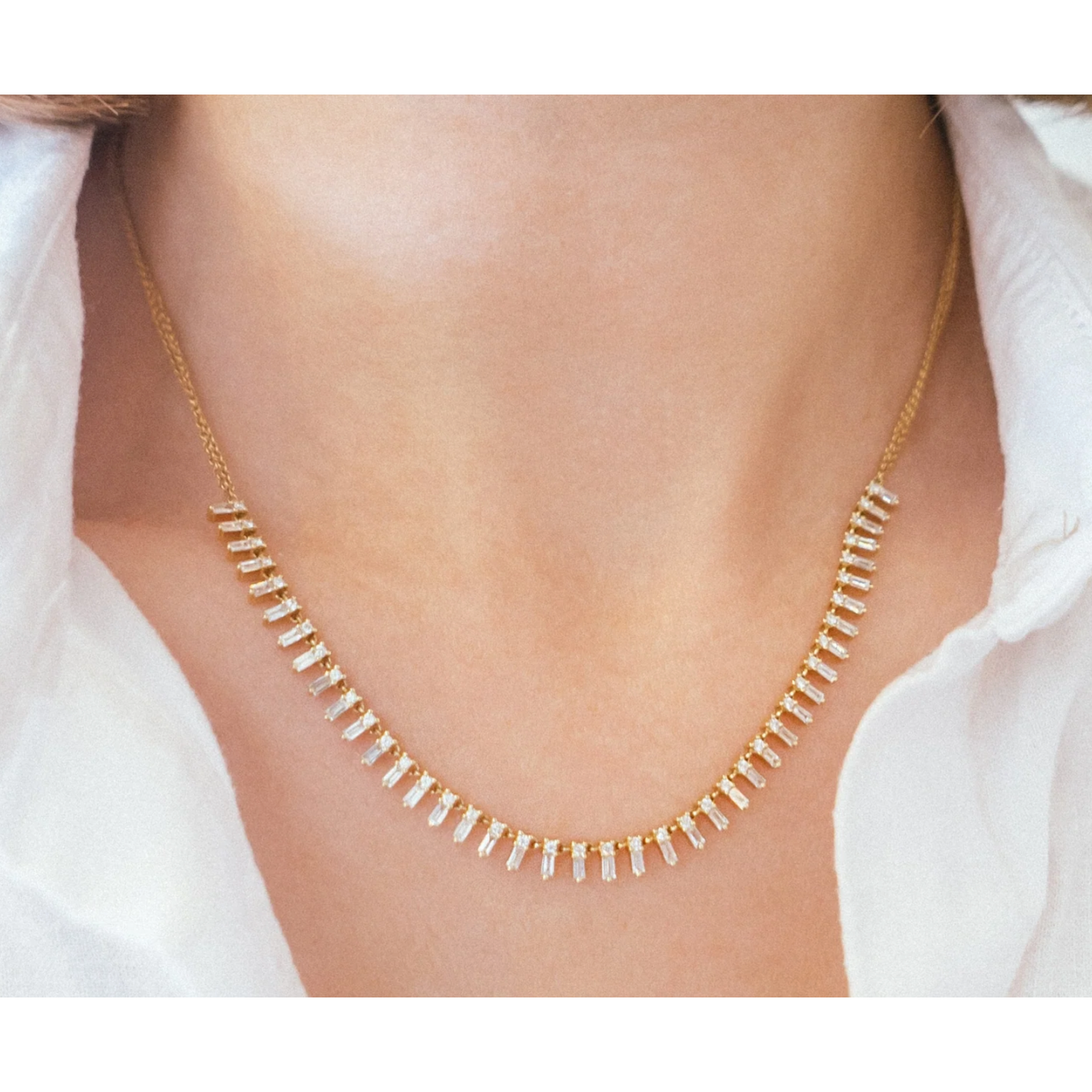 Sethi Couture 18k and Diamond Baguette and Round Diamond Necklace 18"-16"