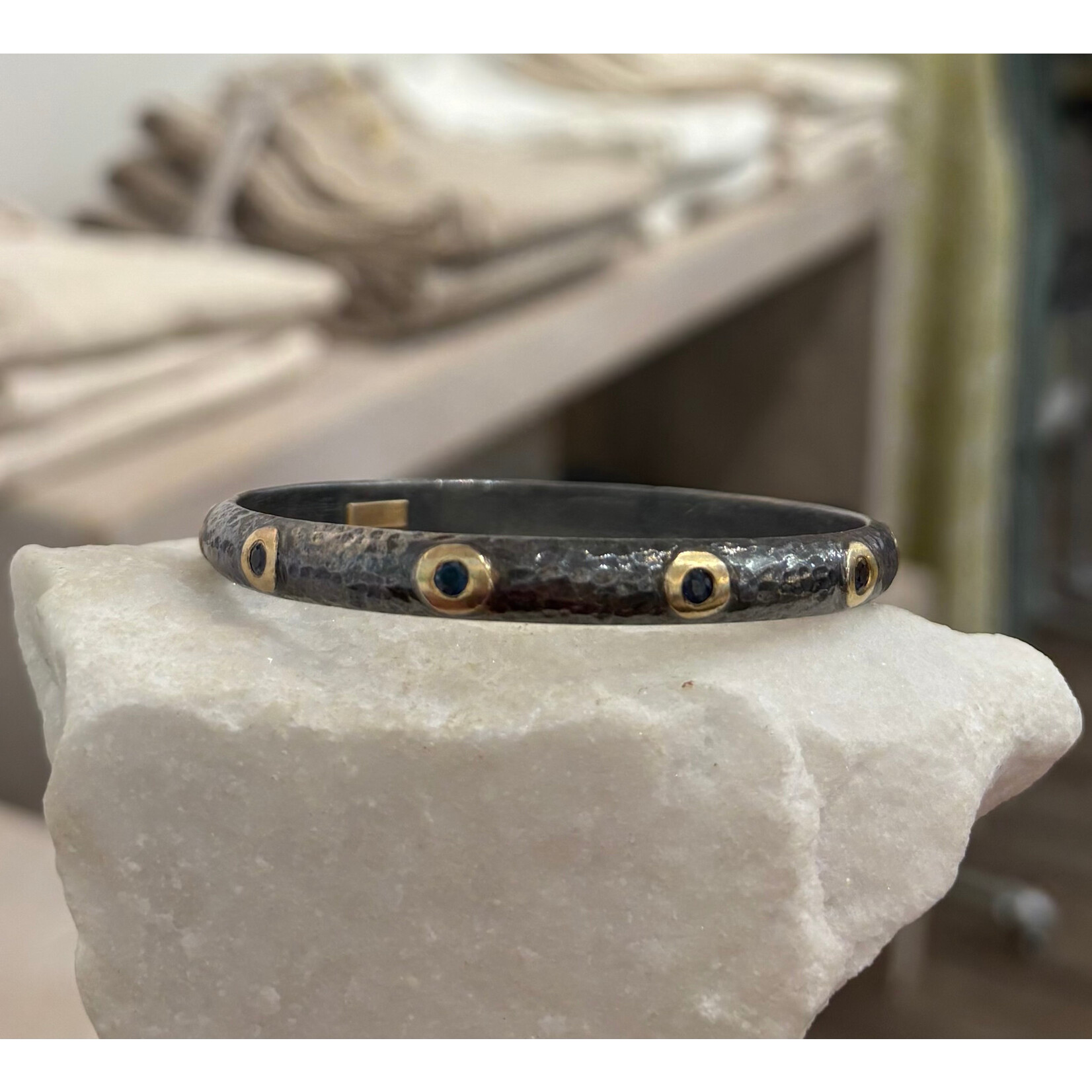 ARA Collection Oxidized Silver & 24k Gold Bezel Sapphire Bangle