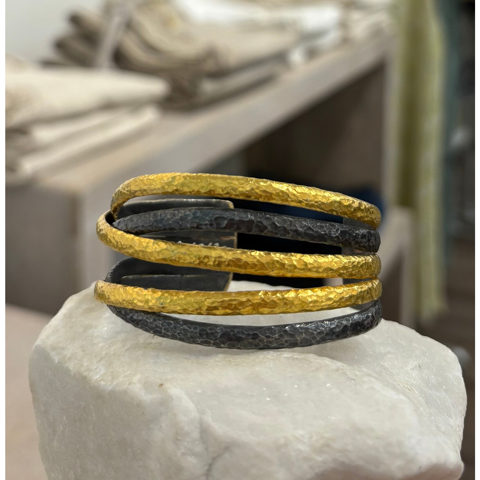 ARA Collection Oxidized Silver & 24k Gold Inner Woven Strip Cuff