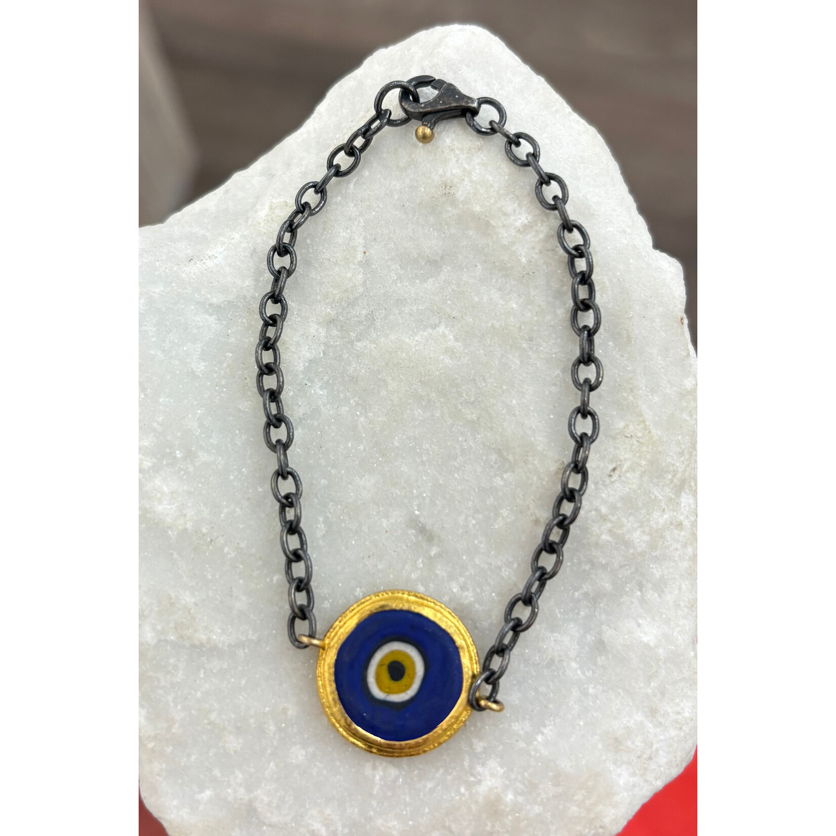 ARA Collection Blue Evil Eye Bracelet with 24k Gold Bezel and Oxidized Silver Chain