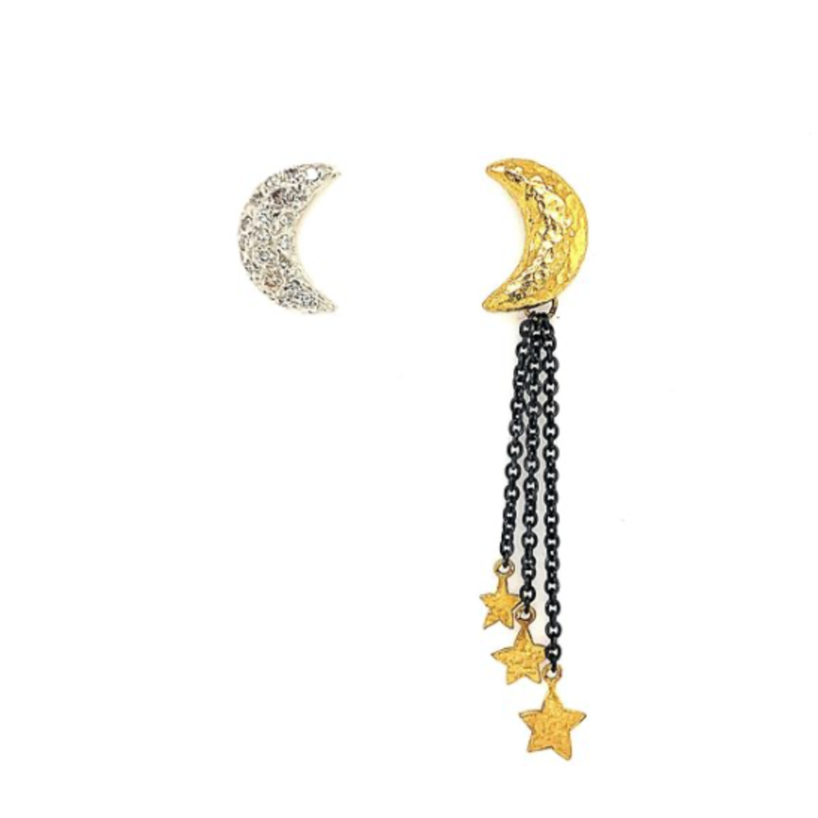 ARA Collection 24k Gold, Oxidized Silver & Diamond Asymmetrical Star and Moon Earrings