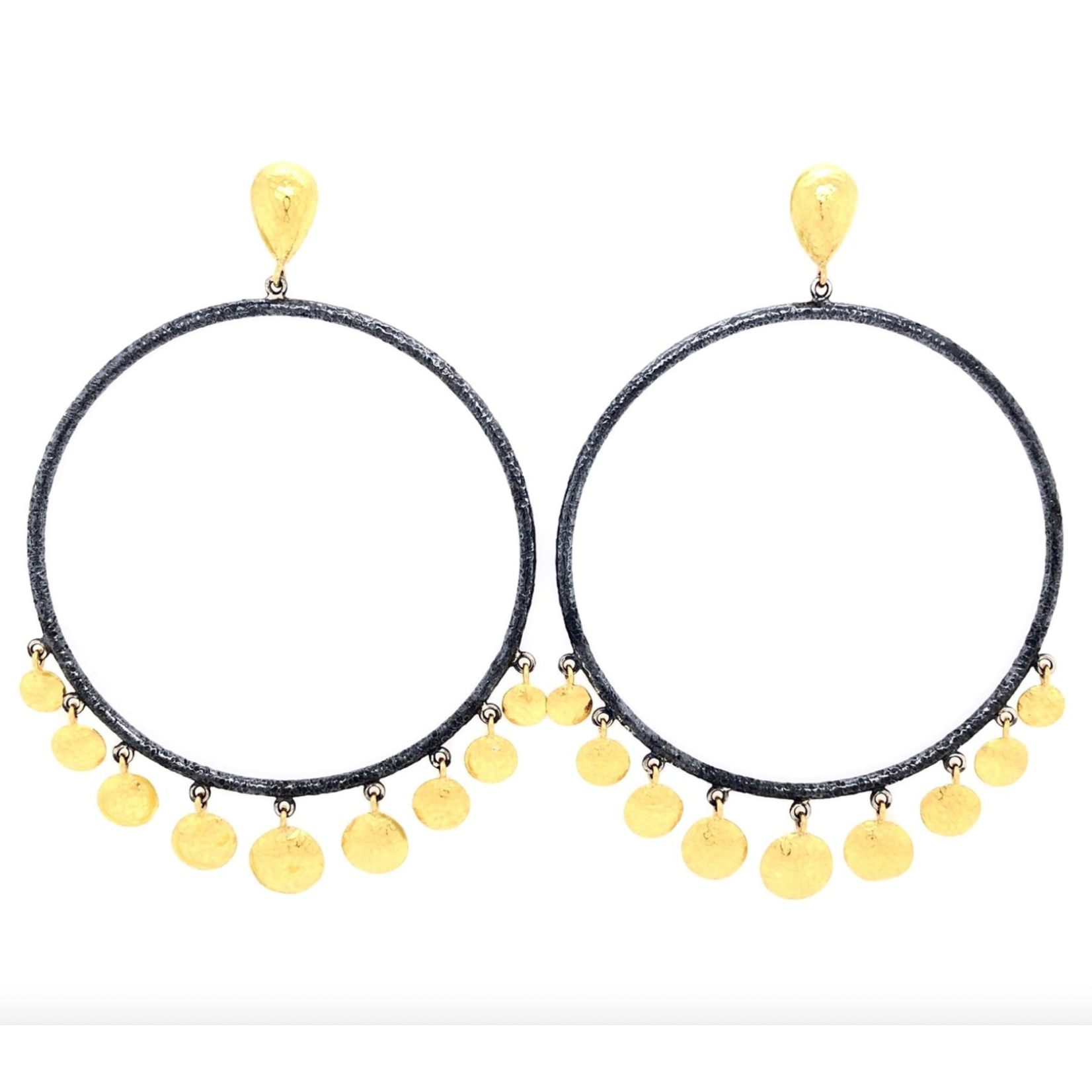 ARA Collection Large Oxidized Silver Circle Earrings with 24k Gold Hammered Discs
