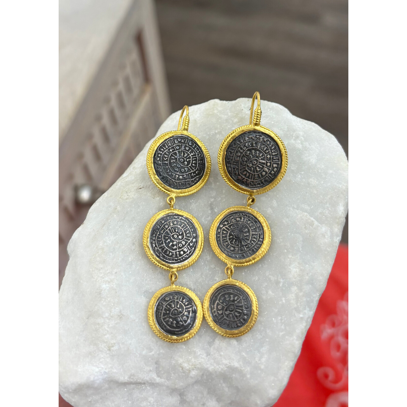 ARA Collection Graduated Oxidized Silver Phaistos Replica Discs with 24k Gold Bezel Earrings
