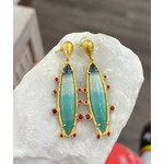 ARA Collection 24k Gold, Blue Opalized Petrified Wood & Ruby Earrings