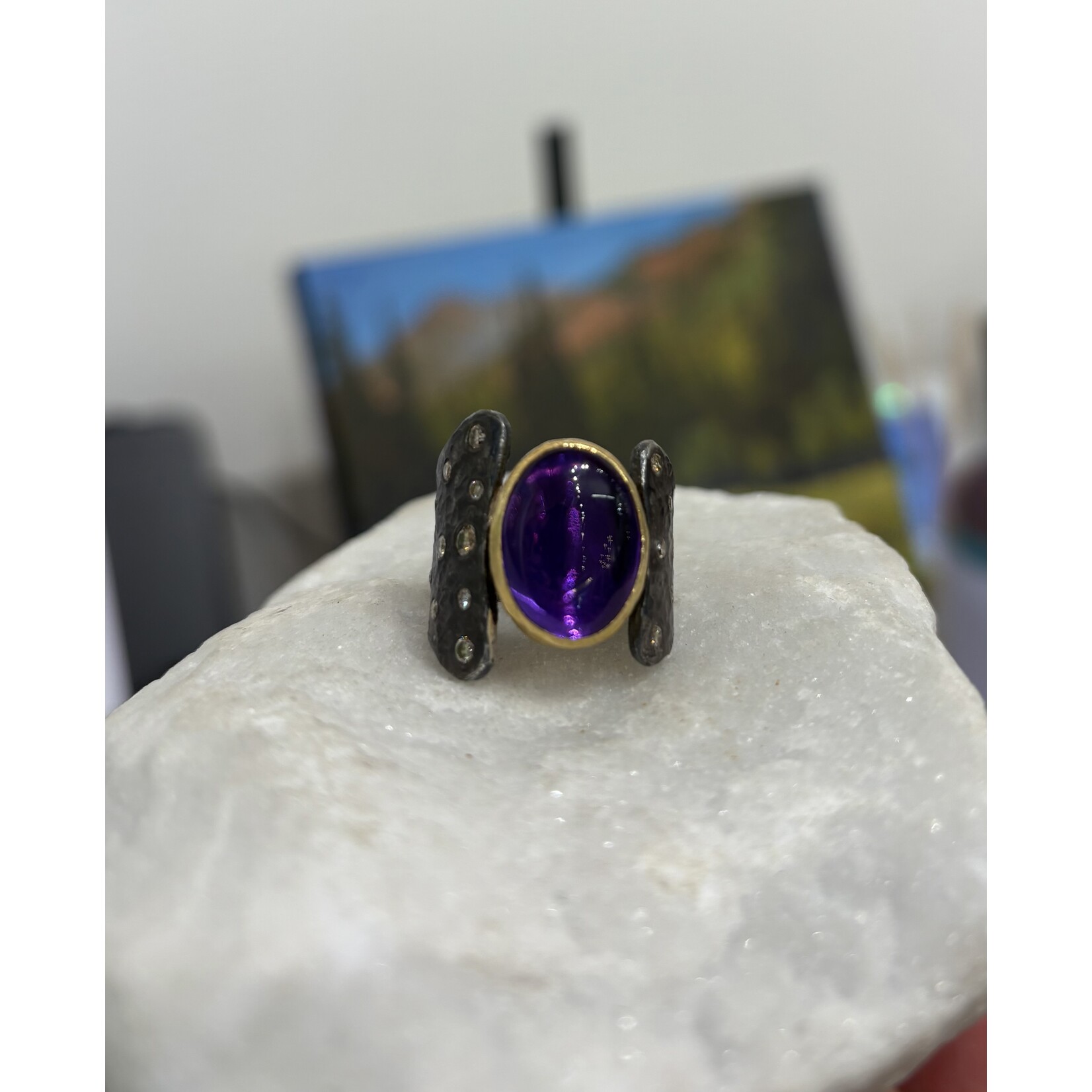ARA Collection Cab Amethyst & Scattered Diamond Ring in Oxidized Silver and 24k Gold