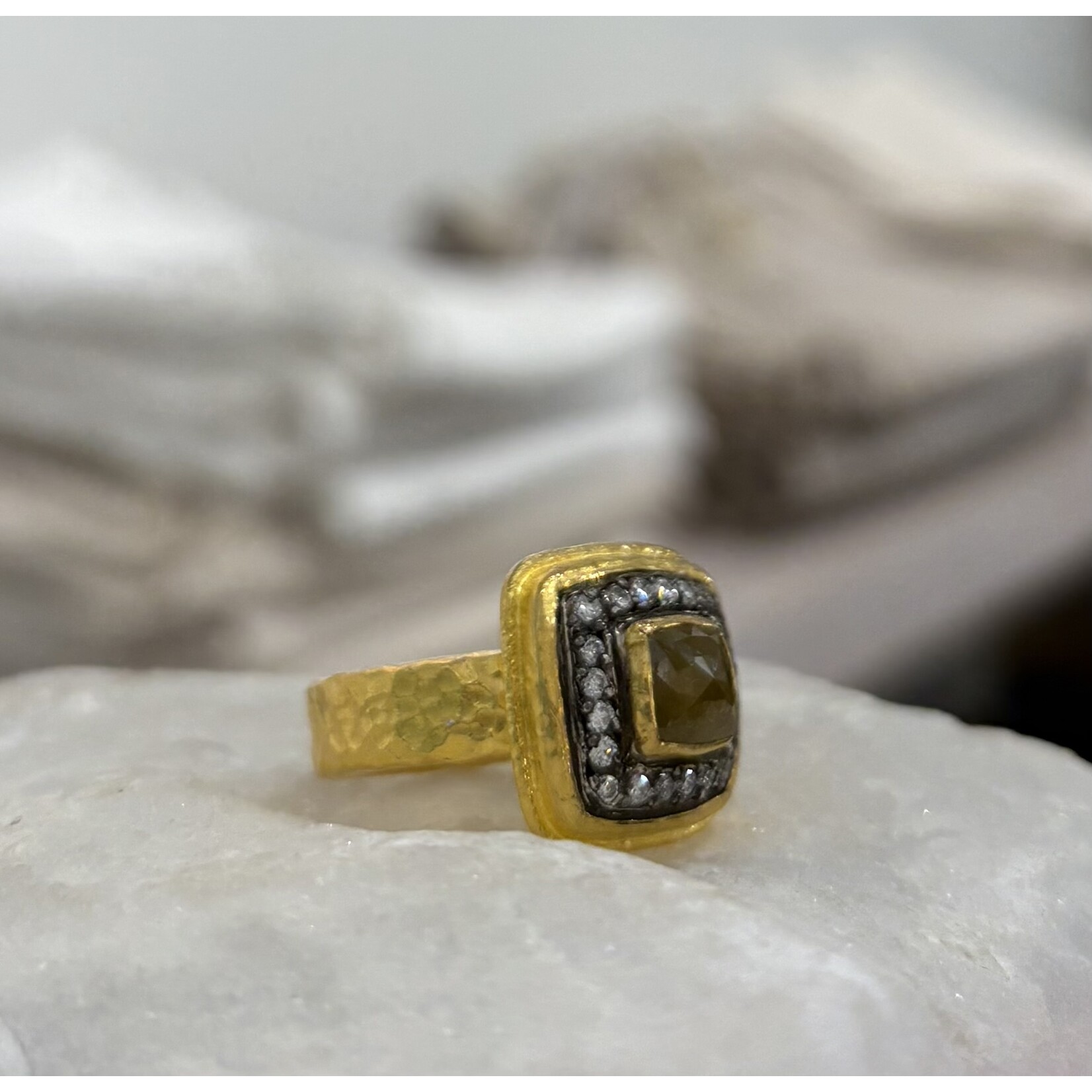 ARA Collection 24k Gold & Checker Cut Sugarloaf Natural Diamond Ring with Diamond Halo