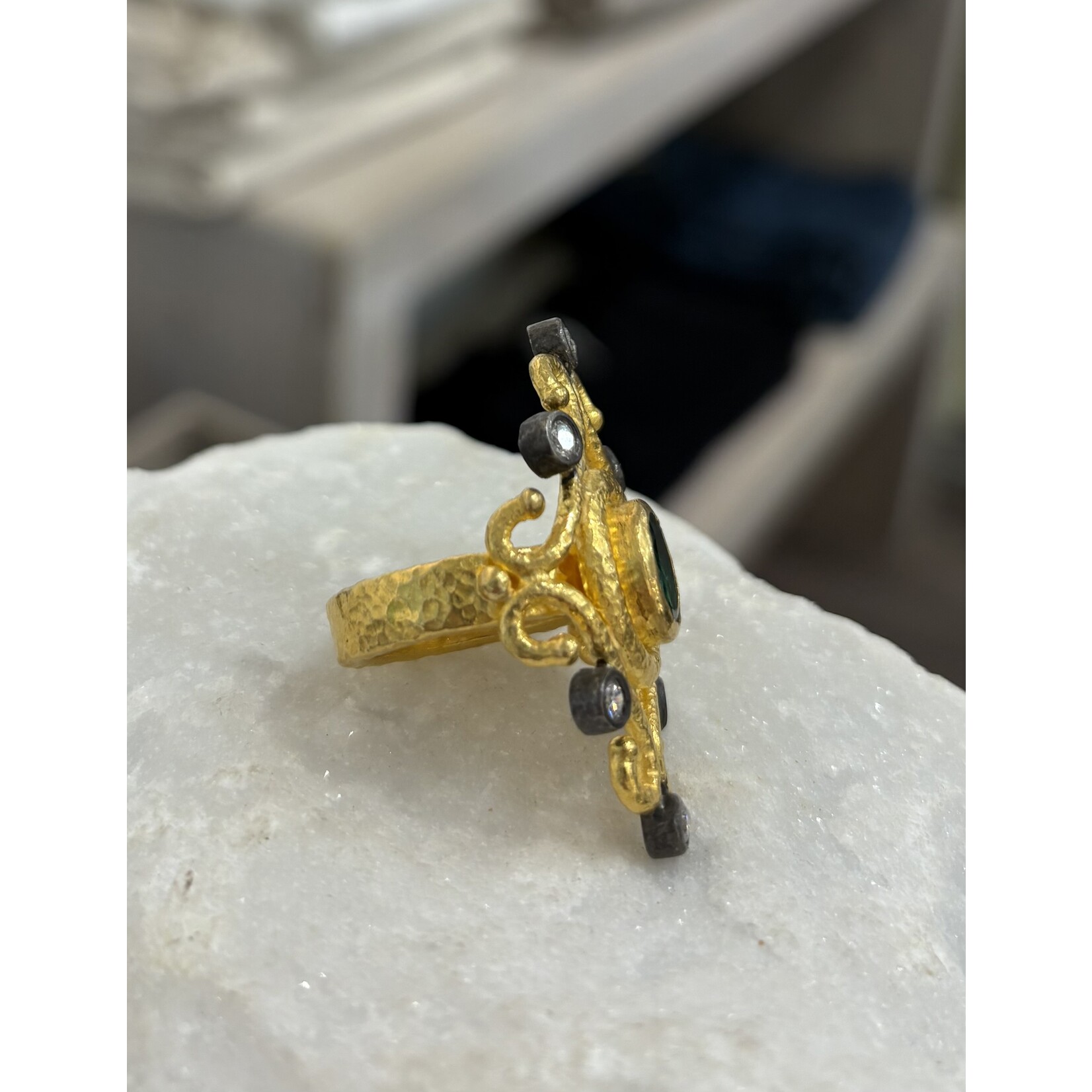 ARA Collection 24k Gold, Oval Emerald and Diamond Oriental Ring