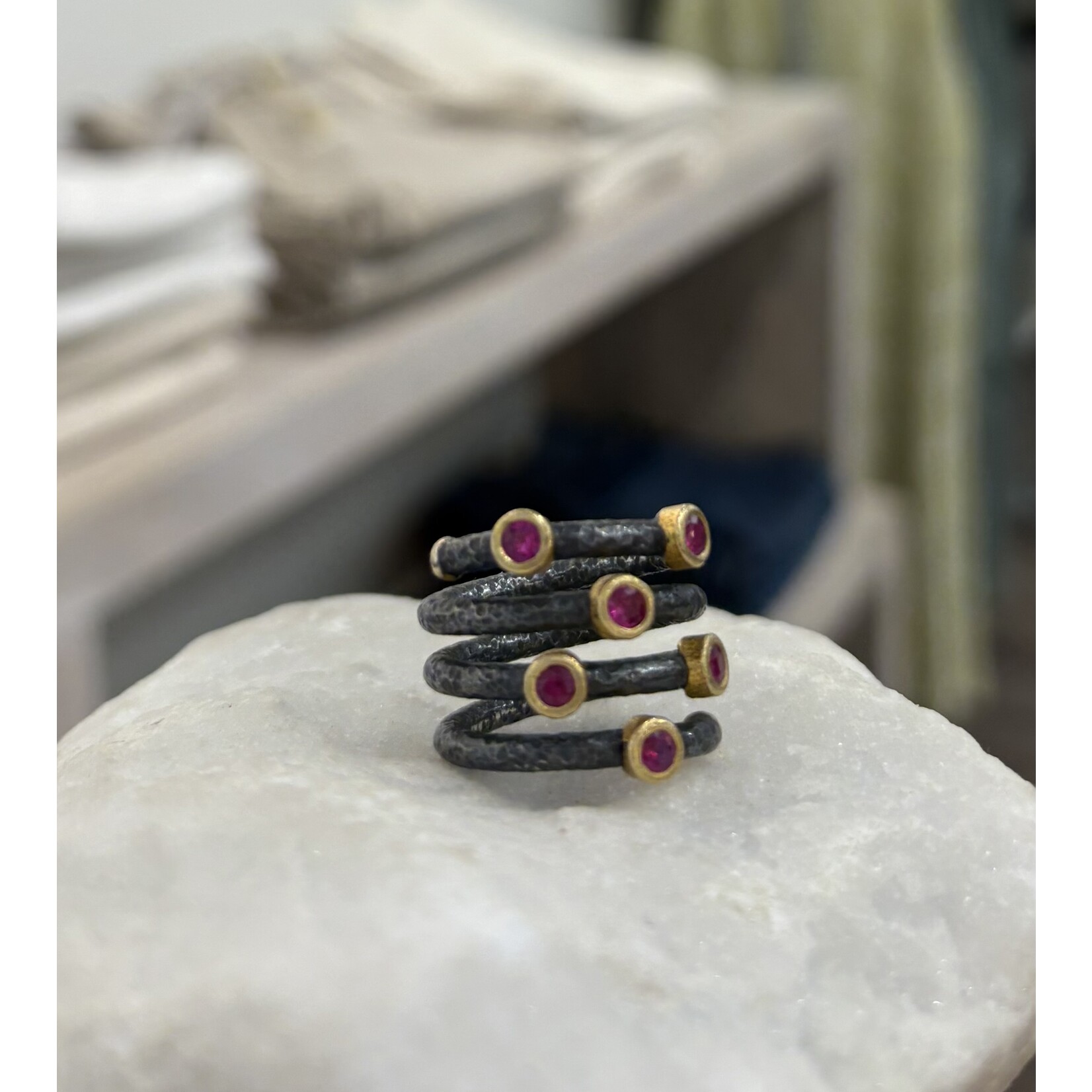 ARA Collection Oxidized Silver Spiral Ring with 24k Gold Bezel Rubies