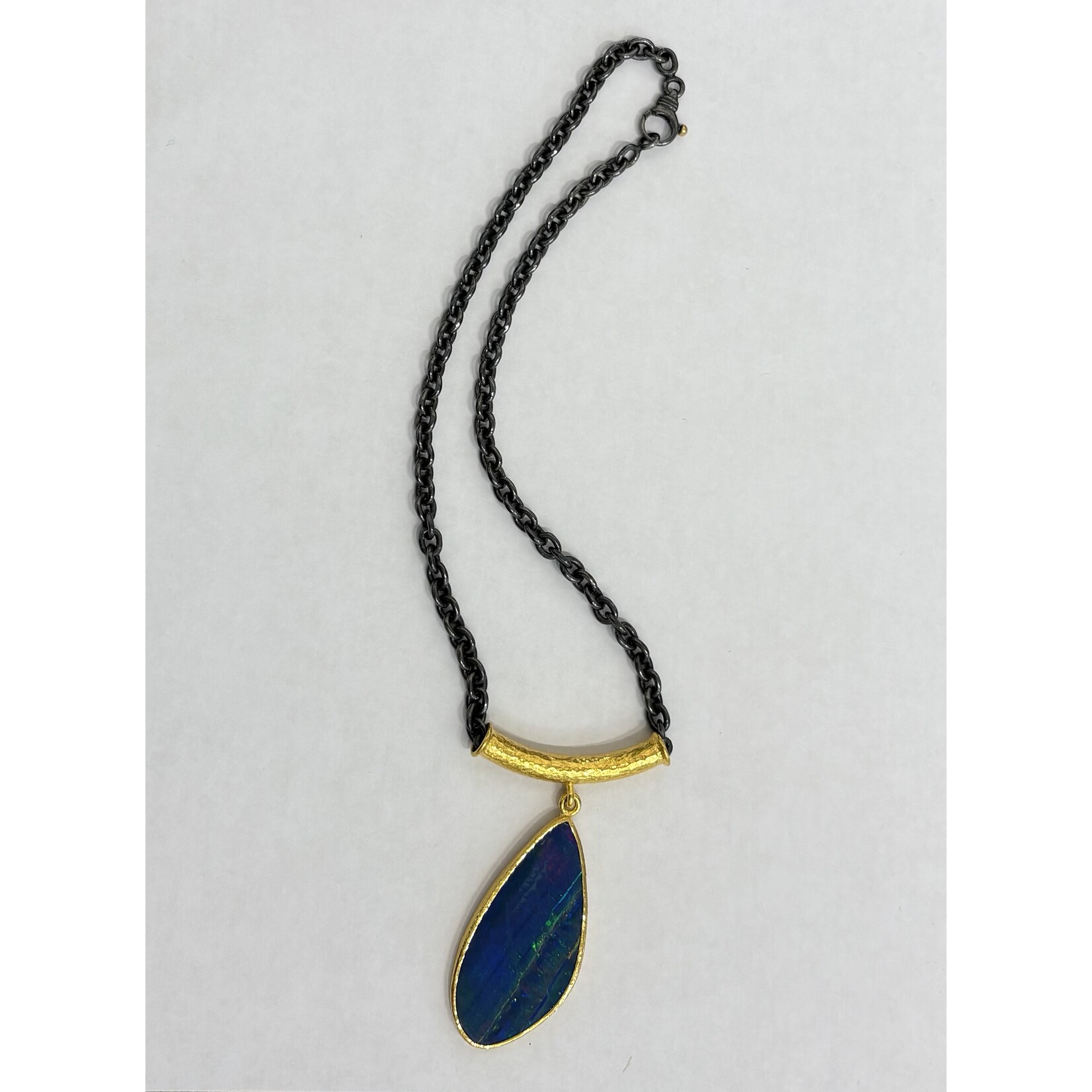 ARA Collection Large Australian Opal Doublet Drop Necklace with 24k Gold Tube and Oxidized Silver Chain