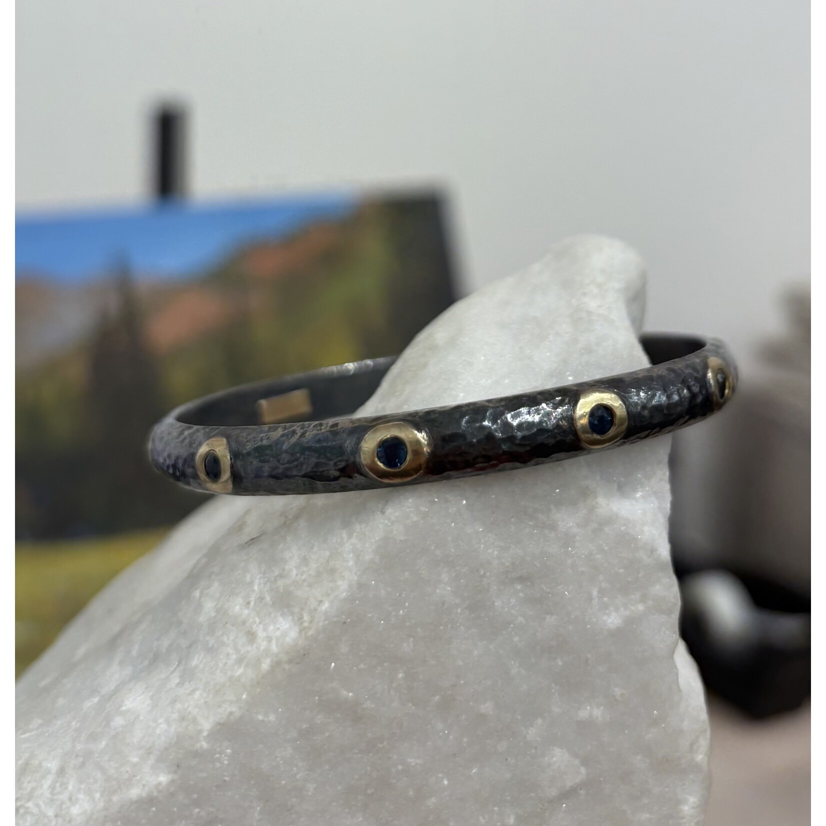 ARA Collection Oxidized Silver & 24k Gold Bezel Sapphire Bangle
