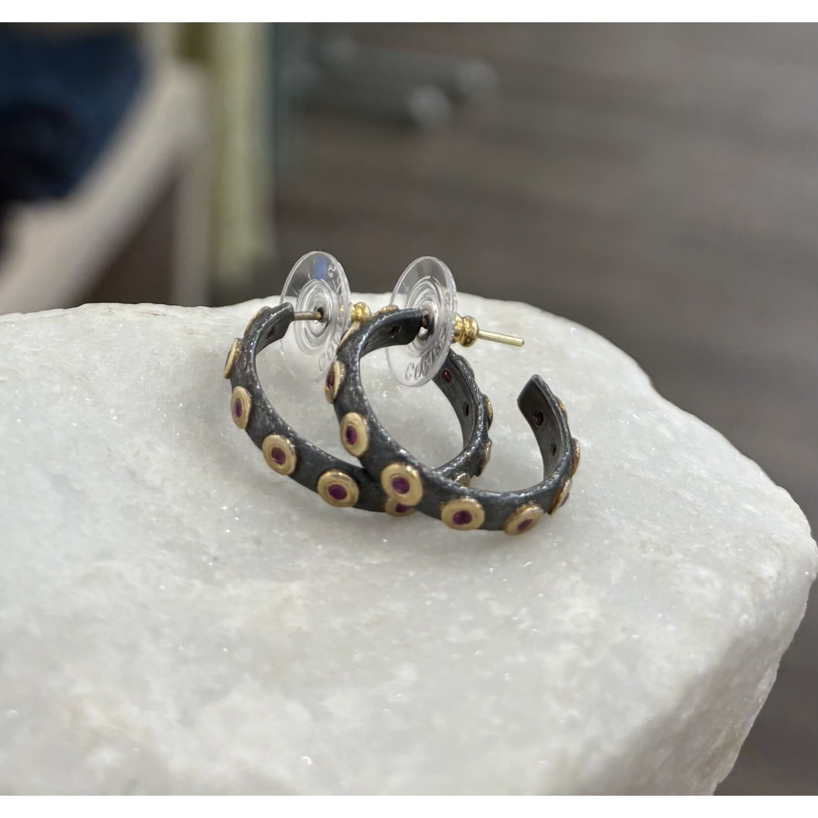 ARA Collection Small Oxidized Silver Hoops with 24k Gold Bezel Rubies